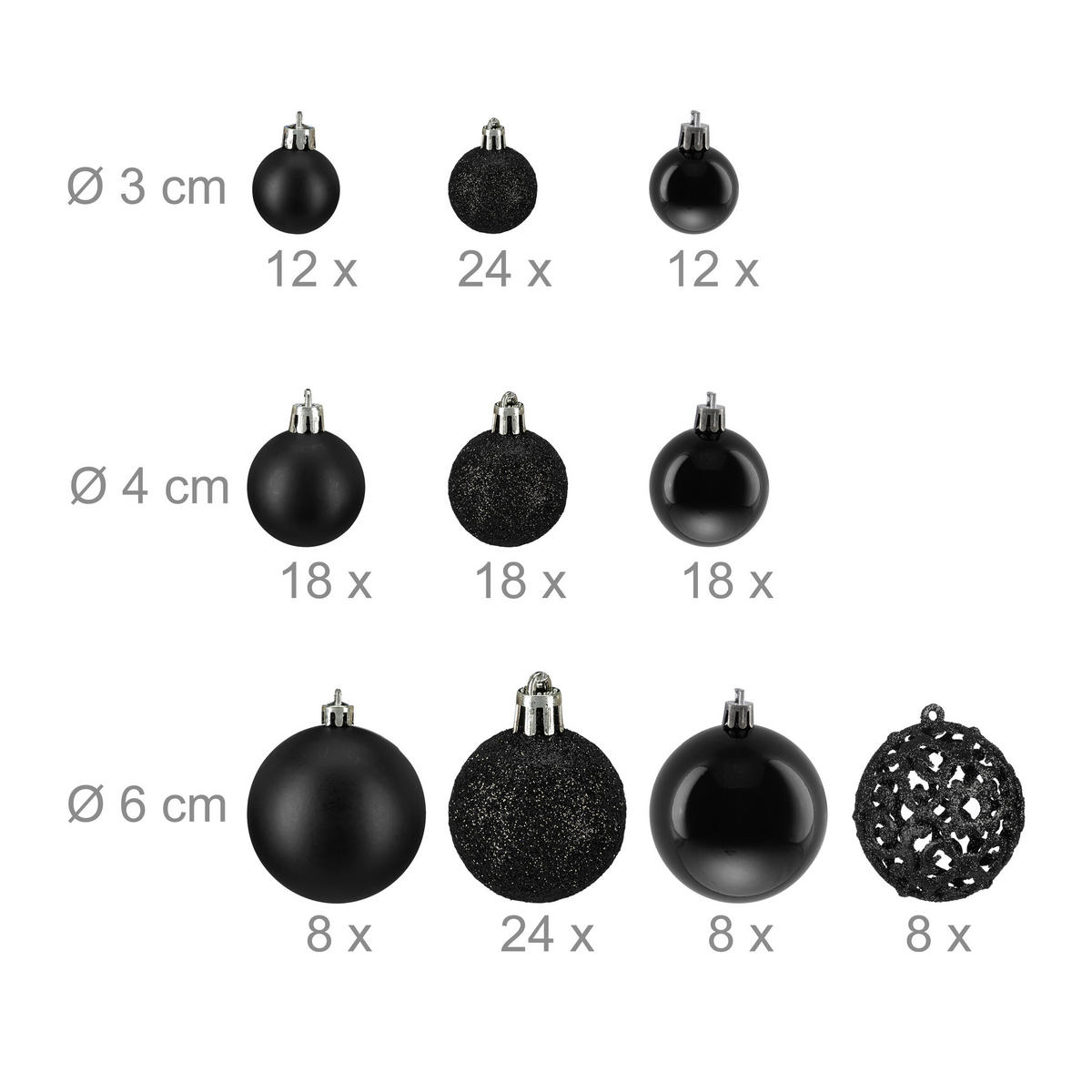 WEIHNACHTSKUGELN-SET 150-tlg. - Schwarz, Kunststoff (6/7/6cm) - Relaxdays
