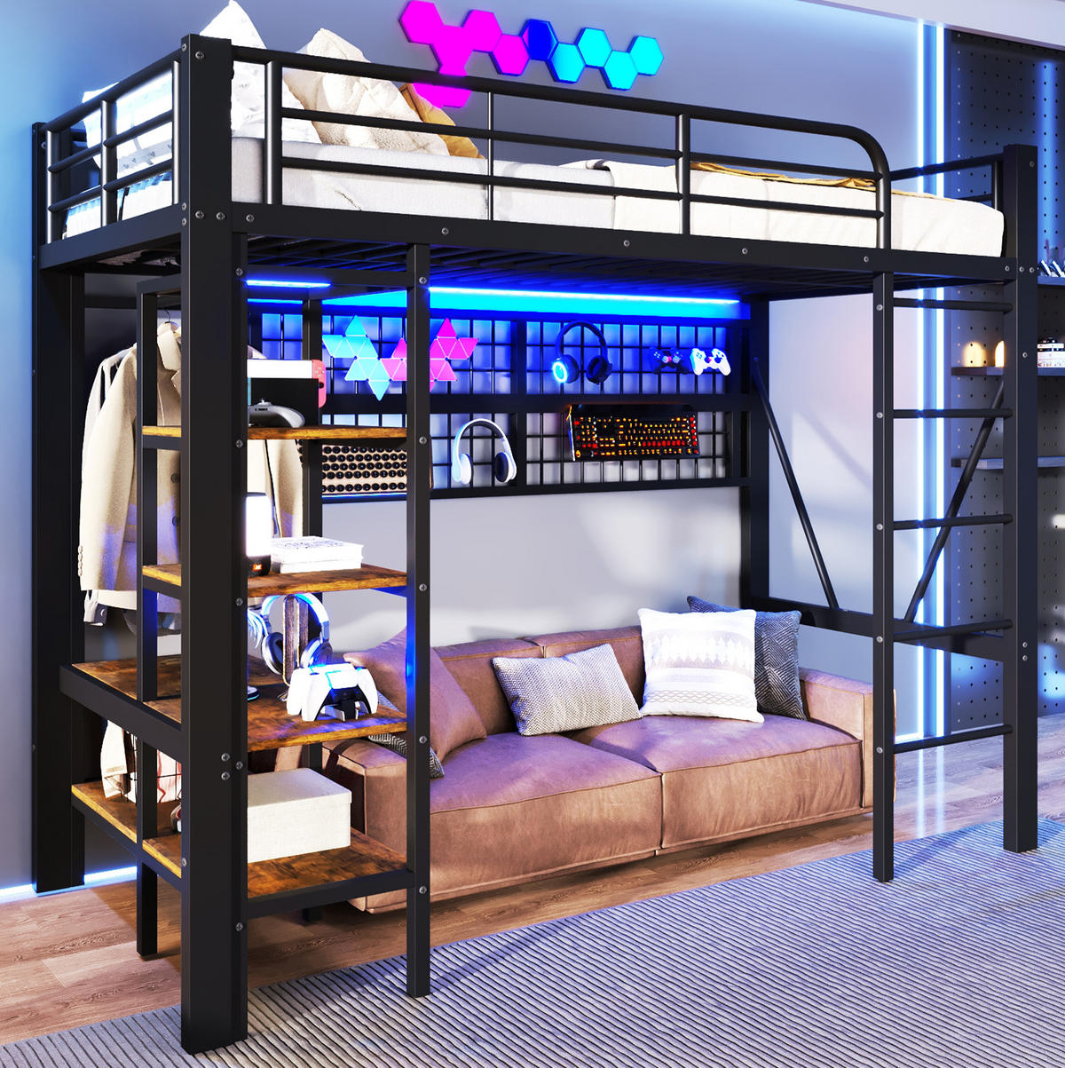 HOCHBETT 90/200 cm mit LED-Lichtleiste, Ablagefach, Hängenetz und Wäschestange, Eisenrahmen mit MDF, Schwarz - Schwarz, Metall (90/200cm) - Redom
