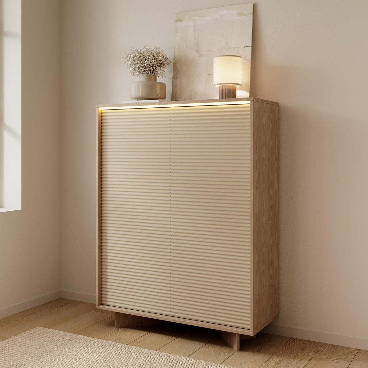 HIGHBOARD TORSANO (Bolivar Natur/Cappuccino, 2 Türen, LED-Beleuchtung, Push-to-Open) - Eichefarben/Beige, Holz/Holzwerkstoff (104/138/40cm) - Ravio