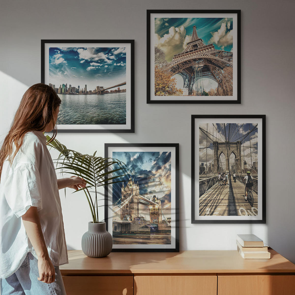 WANDBILDER 4er-Set - 50x50 cm & 40x60 cm Schwarzer Rahmen - Turmbrücken in europäischen Städten - Schwarz, Kunststoff (50/50cm) - ArtPrintCave