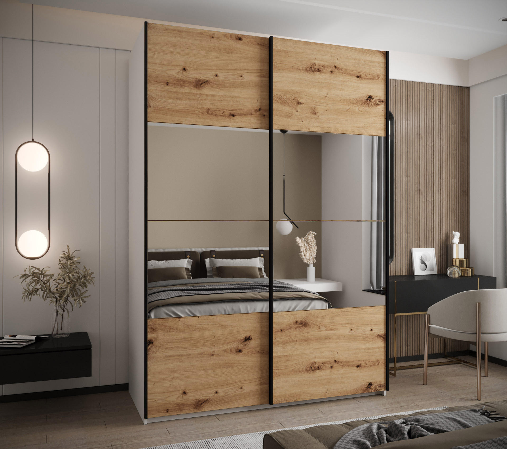 SCHWEBETÜRENSCHRANK 245,5/170/64 2-türig - Schwarz/Eiche Artisan, Holz/Metall (170/245/64cm) - Abiks Möbel