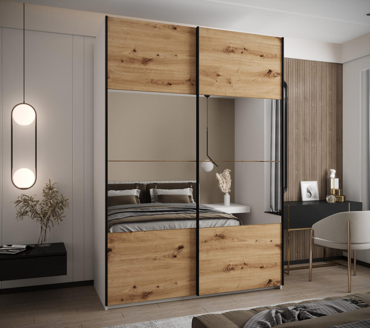 SCHWEBETÜRENSCHRANK 245,5/180/64 2-türig - Schwarz/Eiche Artisan, Holz/Metall (180/245/64cm) - Abiks Möbel