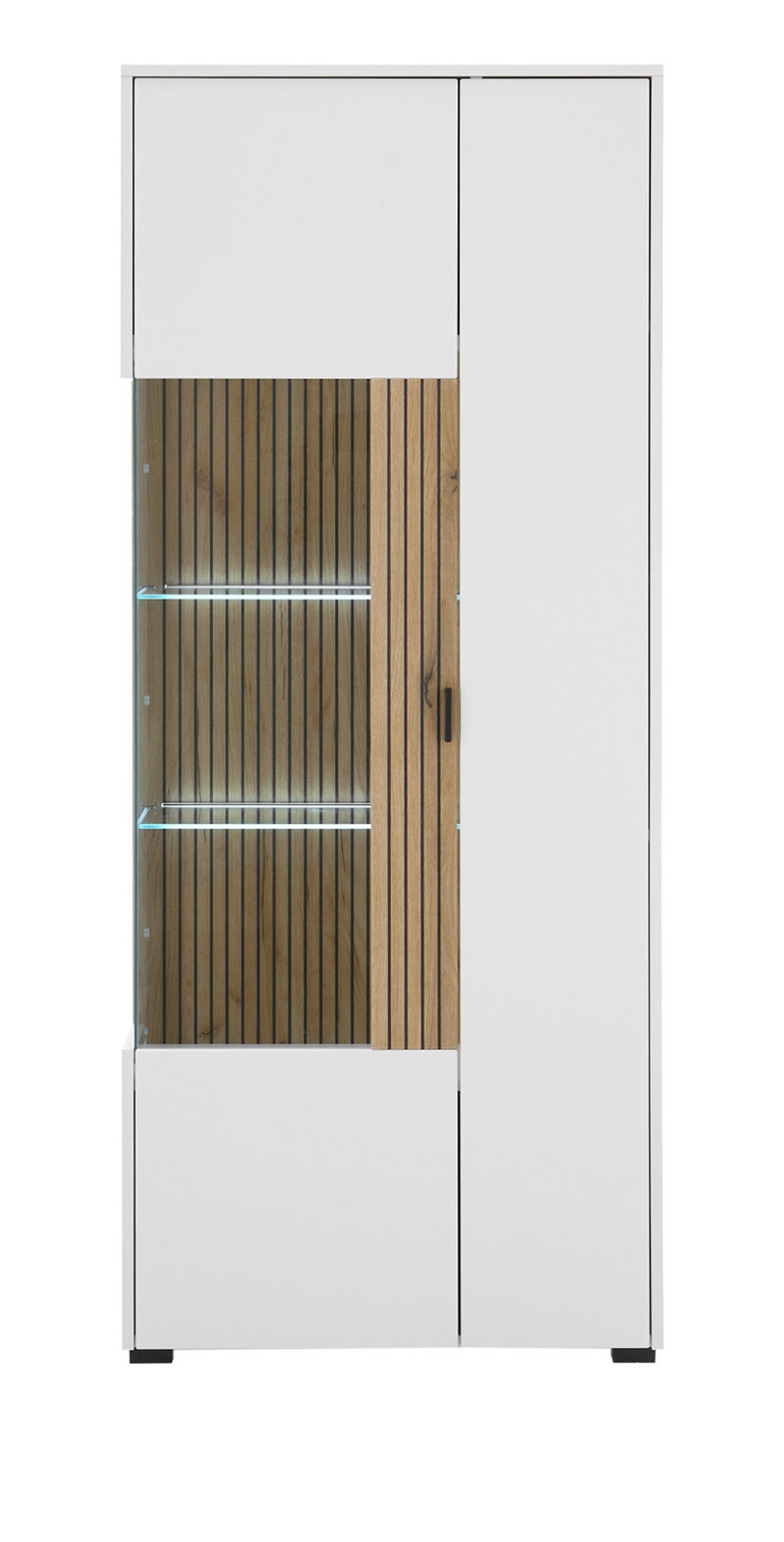 VITRINE weiß matt, Eiche 75 x 180 cm, Vitrinenschrank 10 Fächer und Soft-Close-Funktion - Eichefarben/Schwarz, Glas/Holzwerkstoff (75/180/38cm) - Furn.Design