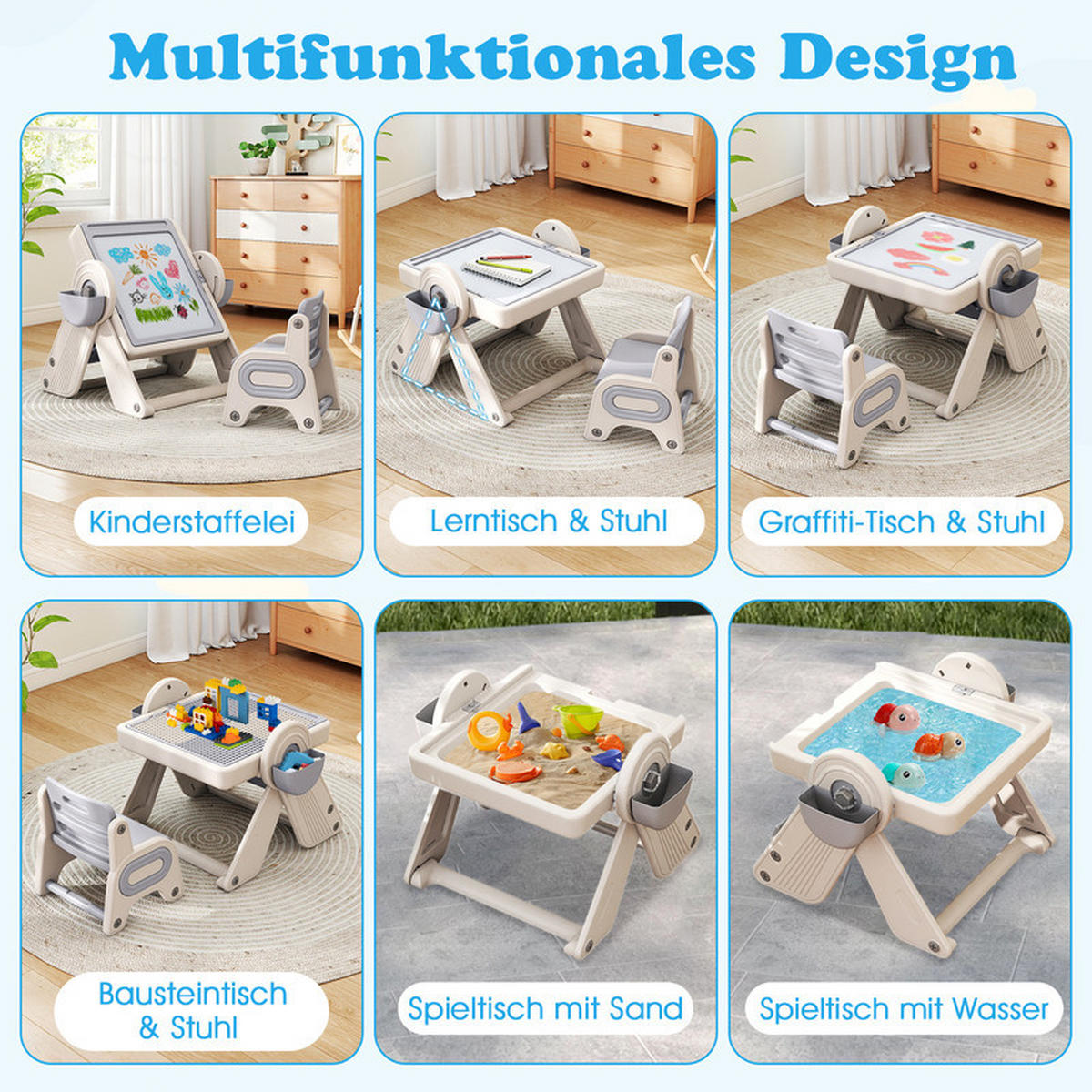 KINDERTISCH mit stuhl grau(2-tlg) - Grau, Kunststoff (82/58/67cm) - COSTWAY