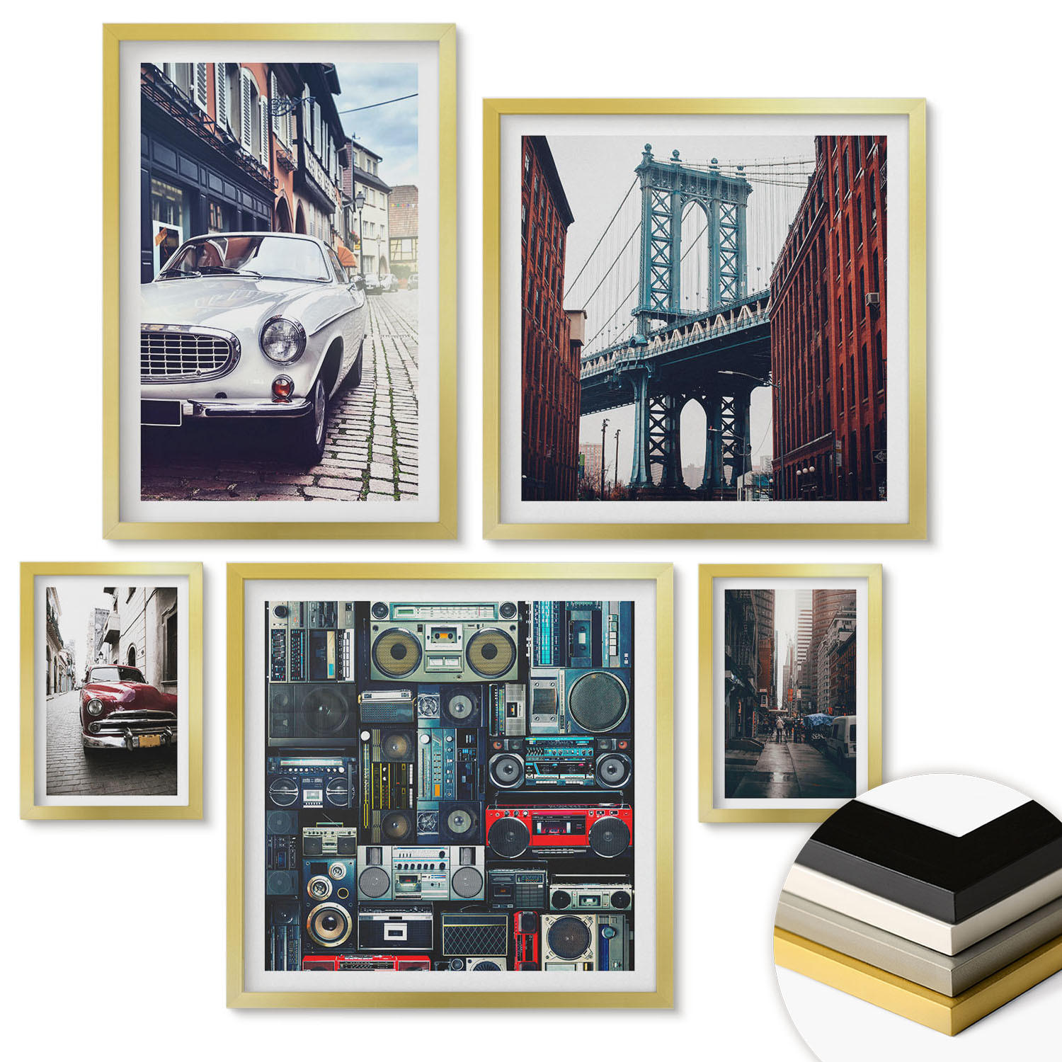 WANDBILDER 5er Set - 50x50 cm & 20x30 cm & 40x60 cm Goldrahmen - Old Cars Brooklyn Retro-Audio - Goldfarben, Kunststoff (40/60cm) - ArtPrintCave