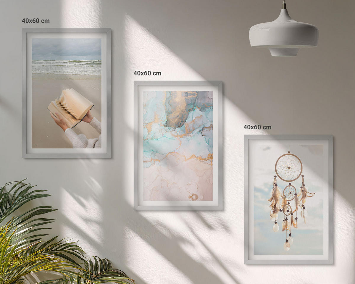 WANDBILDER 3er Set - 40x60 cm Silberner Rahmen - Abstraktes Meeresbuch Boho - Silberfarben, Kunststoff (40/60cm) - ArtPrintCave