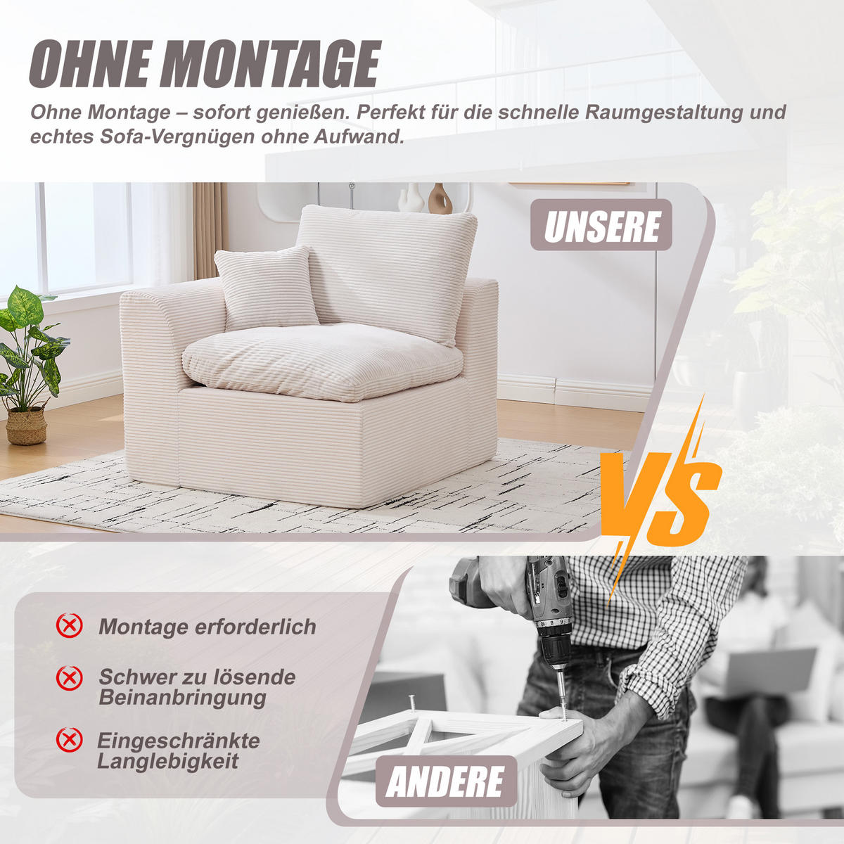 SESSEL Cord-Sofa mit Federkern-Polsterung und Kissen, Montagefrei - Beige, Textil (101/84/102cm) - Urban Meuble