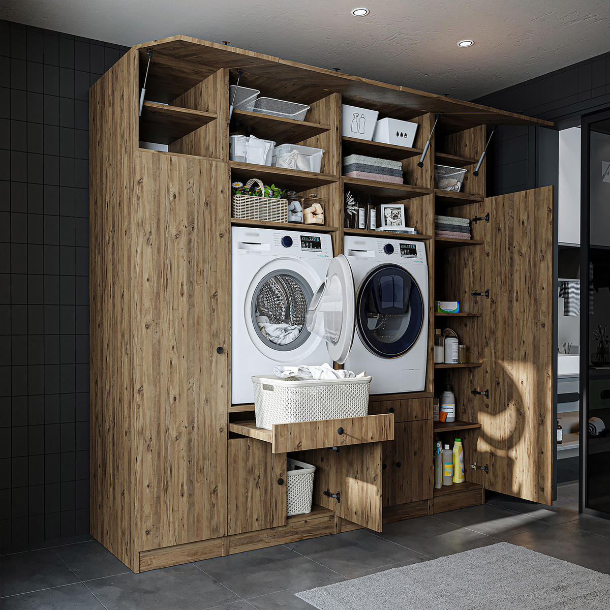 WASCHMASCHINENSCHRANK Serie 1 224cm Breit, 230cm Hoch - Eichefarben, Holzwerkstoff (224/230/67cm)