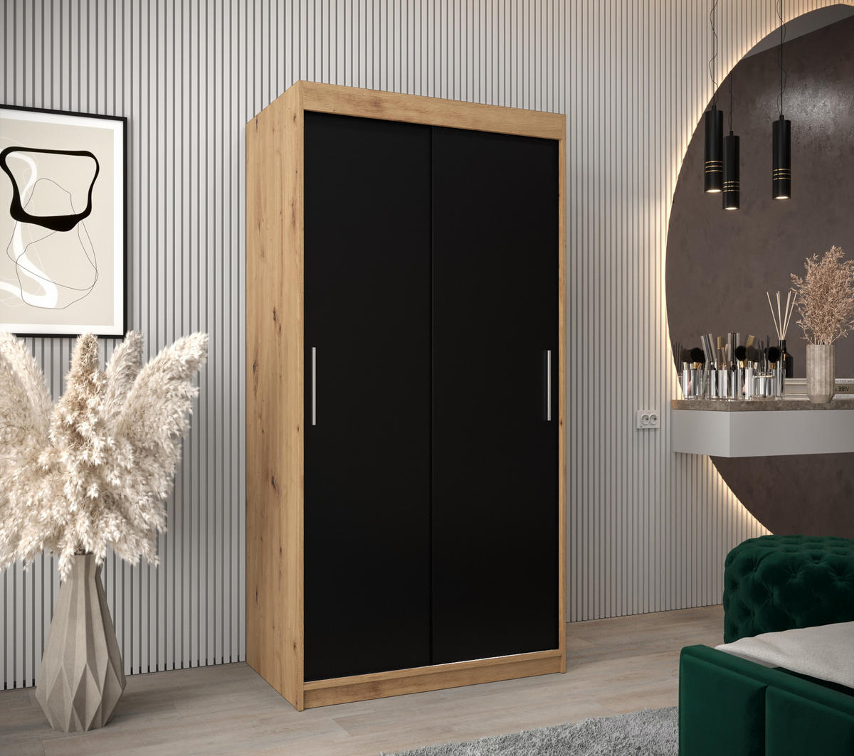 SCHWEBETÜRENSCHRANK 200/100/62 2-türig - Silberfarben/Schwarz, Holz/Kunststoff (100/200/62cm) - Abiks Möbel