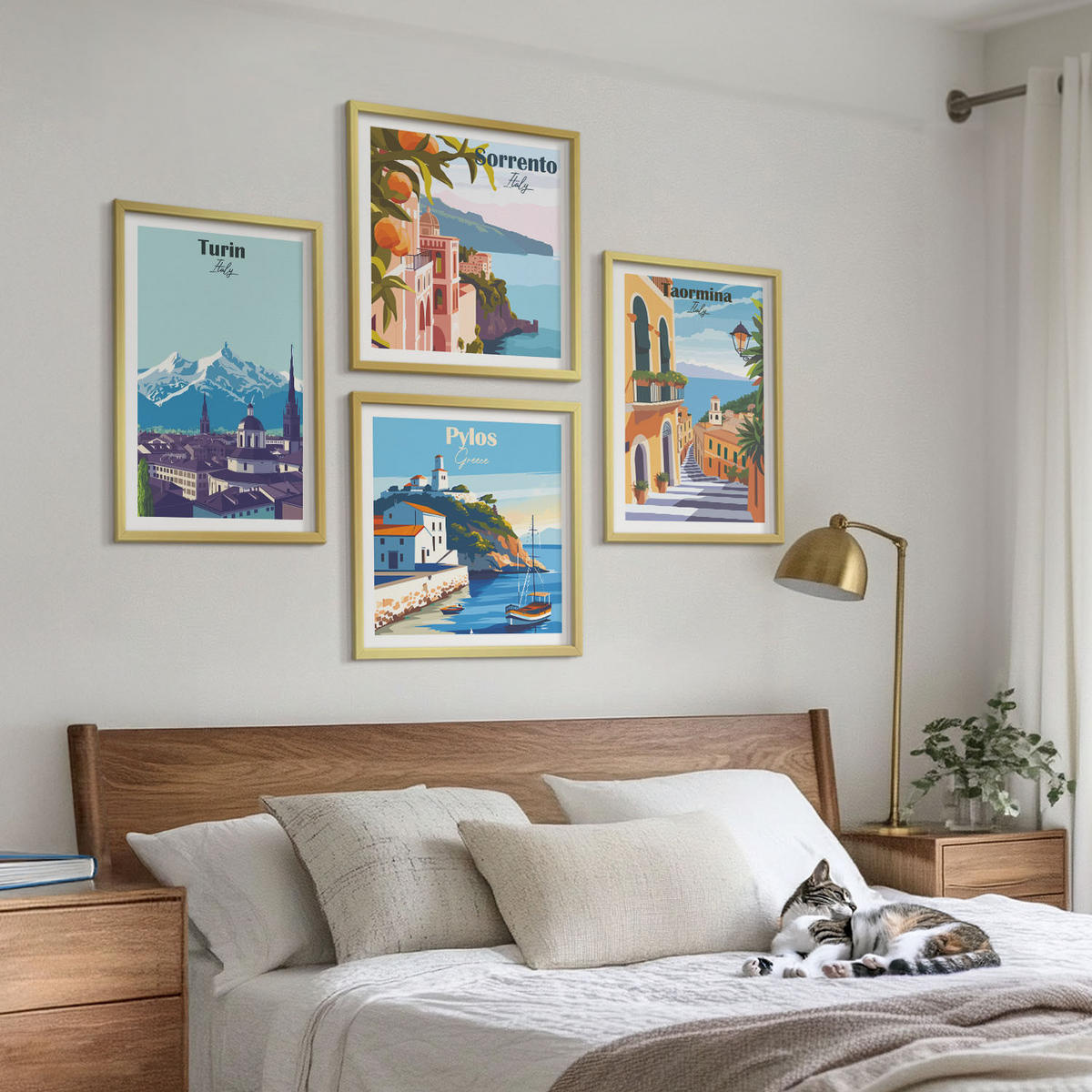 BILDER SET 4er Set - 50x50 cm & 40x60 cm Goldrahmen - Farbenfrohe Illustrationen von Retro-Städten - Goldfarben, Kunststoff (50/50cm) - TULUP