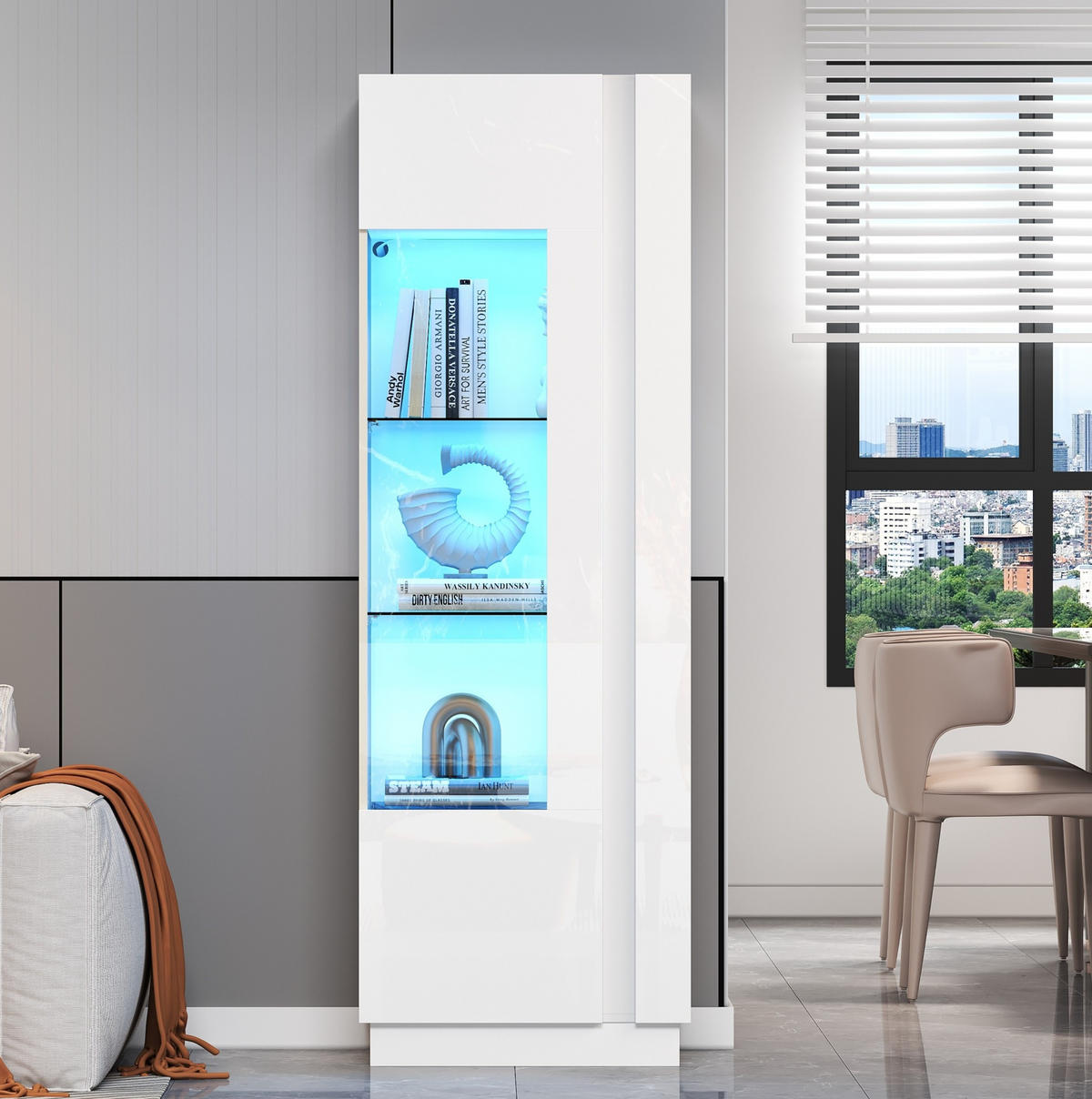 VITRINE 60/40/180 cm in Weiß mit LED-Beleuchtung und Acryltür - Weiß, Holzwerkstoff (60/180/40cm) - Flora Grace