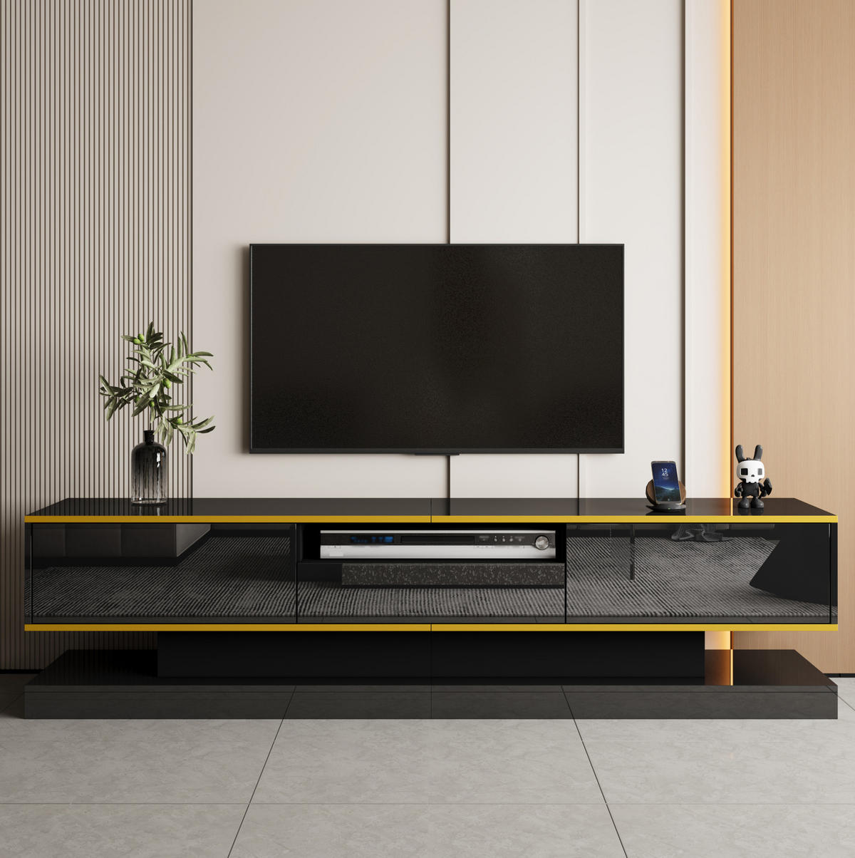 TV-ELEMENT mit 3 Schubladen 180 x 38 x 45 cm Schwarz Hochglanz mit LED - Schwarz, Holzwerkstoff (38/45/180cm) - Beauniv