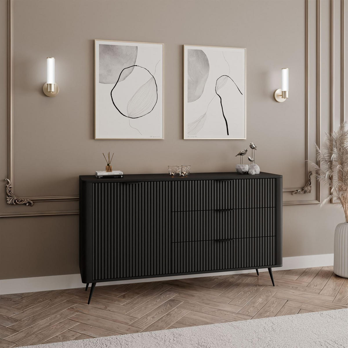 SIDEBOARDS SCARLETT 138 1D3S MIT SCHUBLADEN SCHWARZ - Schwarz, Holzwerkstoff (138/81/38cm) - Lookway