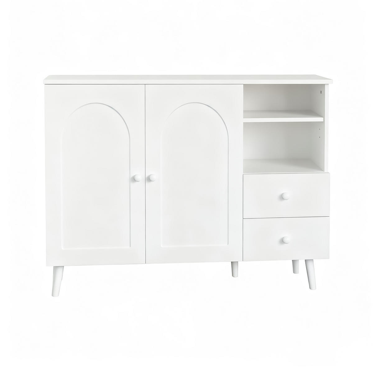 SIDEBOARD Holzoptik mit gewölbten Türen, Schubladen und offenen Fächern - Weiß, Holzwerkstoff (35/82/118cm) - Korfee