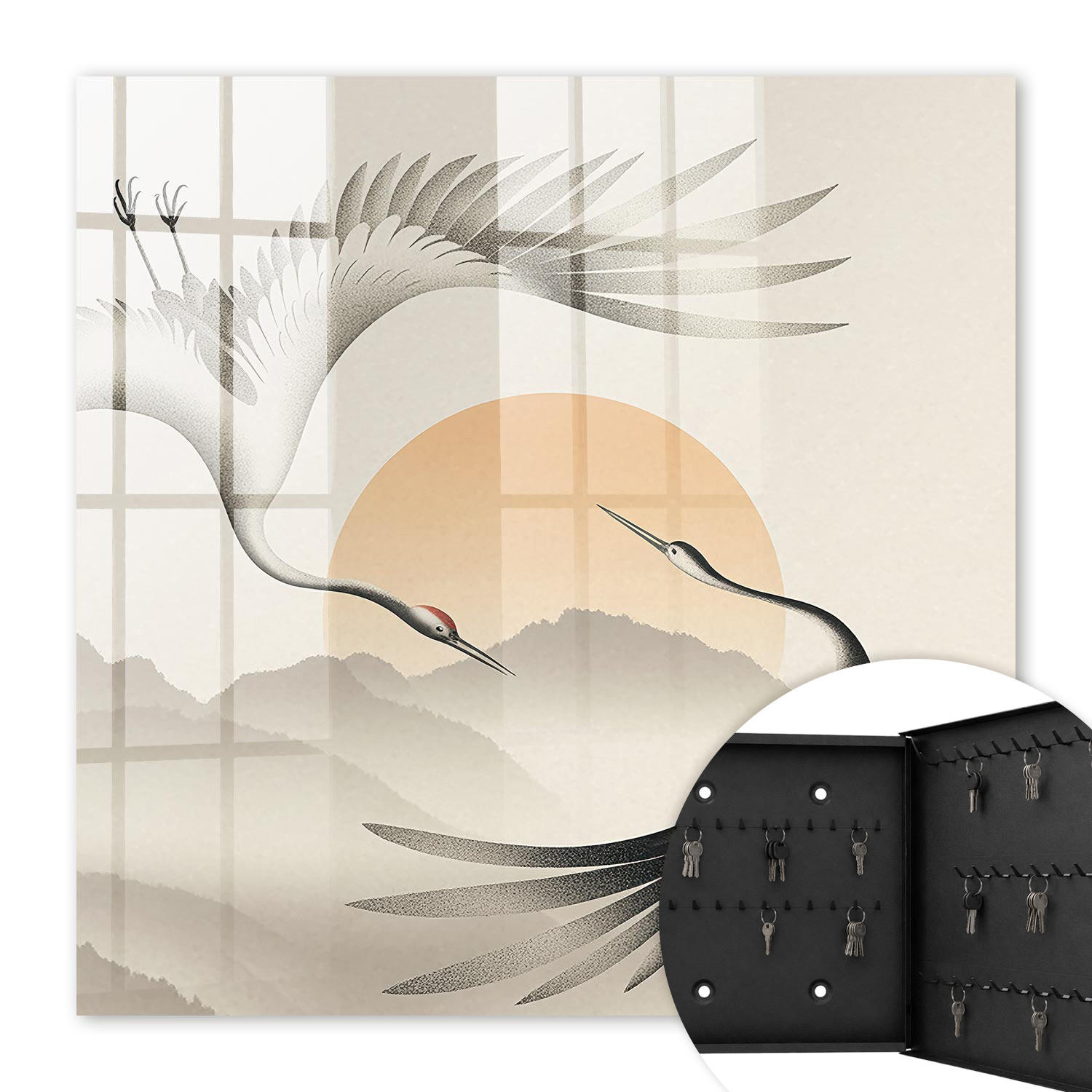 SCHLÜSSELBOX Schwarz 30x30 cm- Türöffnung nach rechts - Japanische Kraniche vor dem Hintergrund der aufgehenden Sonne - Grau, Metall (30/30/5cm) - TULUP