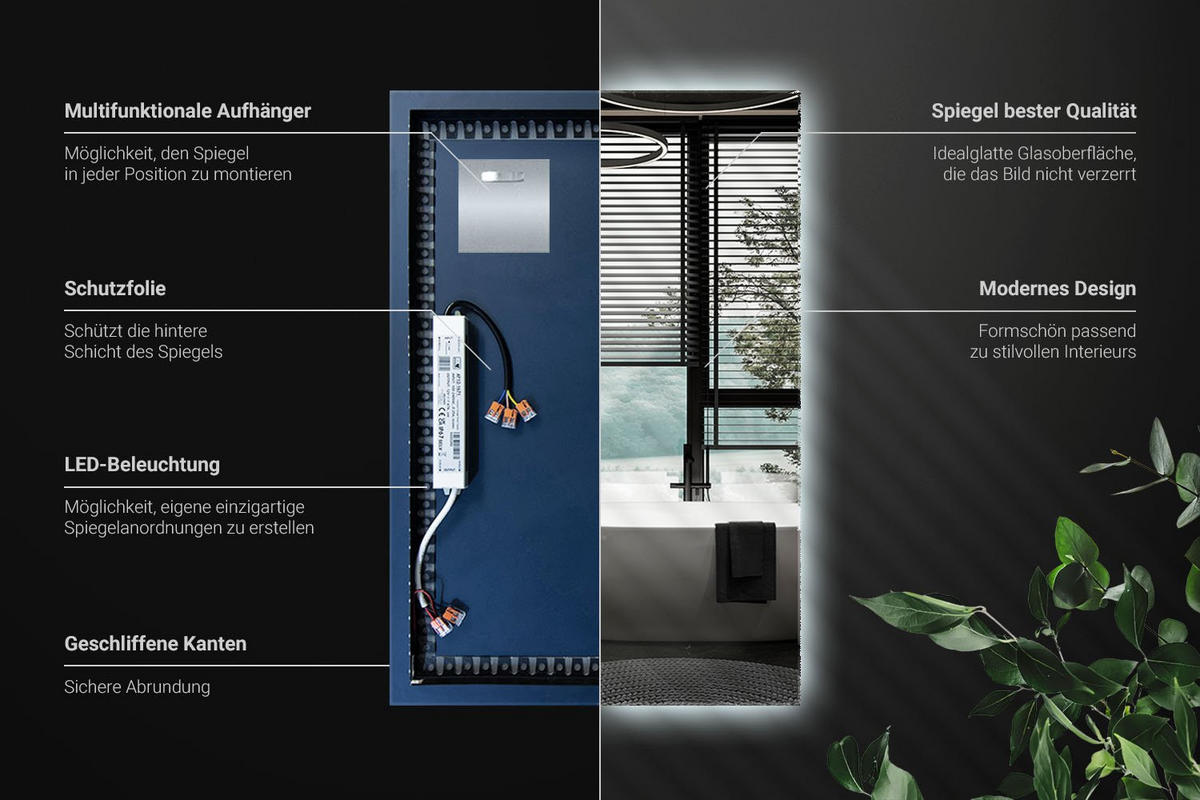 LED-SPIEGEL 60x40 cm Rechteckig Kaltweiß 6000K - Transparent, Glas (40/60/0.4cm) - Wallfluent