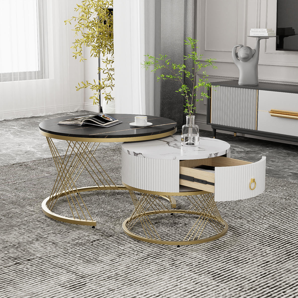 KOMMODE, 2-teiliges Couchtisch-Set aus MDF in Marmor-Optik mit Goldakzenten, 70/70/45 + 50/50/40 cm, Weiß und Gold und Schwarz - Schwarz, Holzwerkstoff (70/70/45cm) - Redom