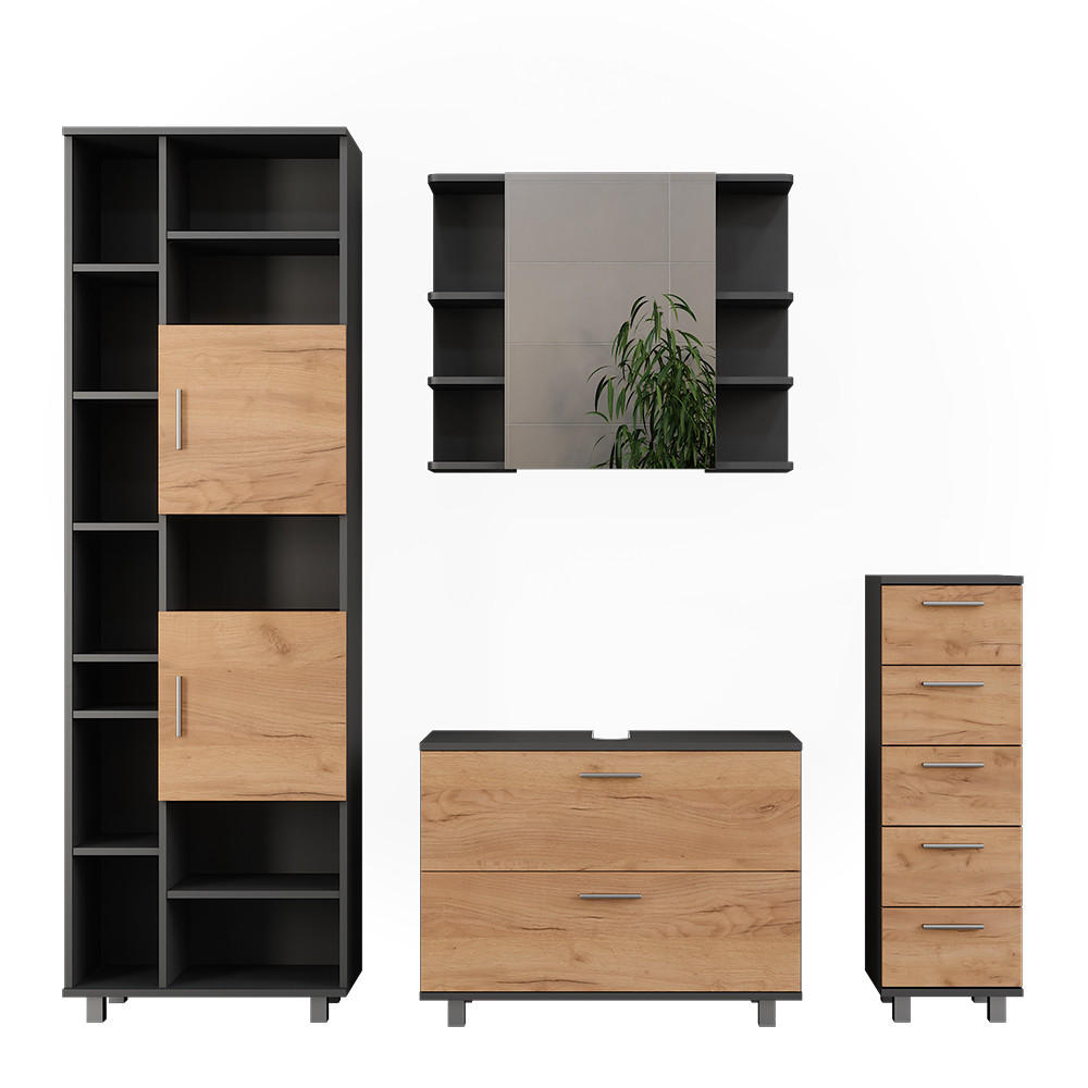 BADRUMSMÖBELSET Ilias Goldkraft ek/antracit 4 delar, med hög enhet Honungsek, Antracit 60.8/80.2/33 cm