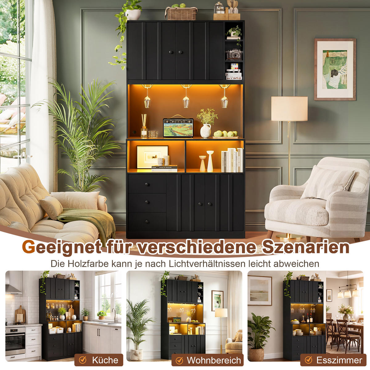 BUFFET DE-38715 100/40/180 cm LED-Beleuchtung und 3 Weinglashalter Schwarz - Schwarz, Holzwerkstoff (100/180/40cm) - ComfortXL