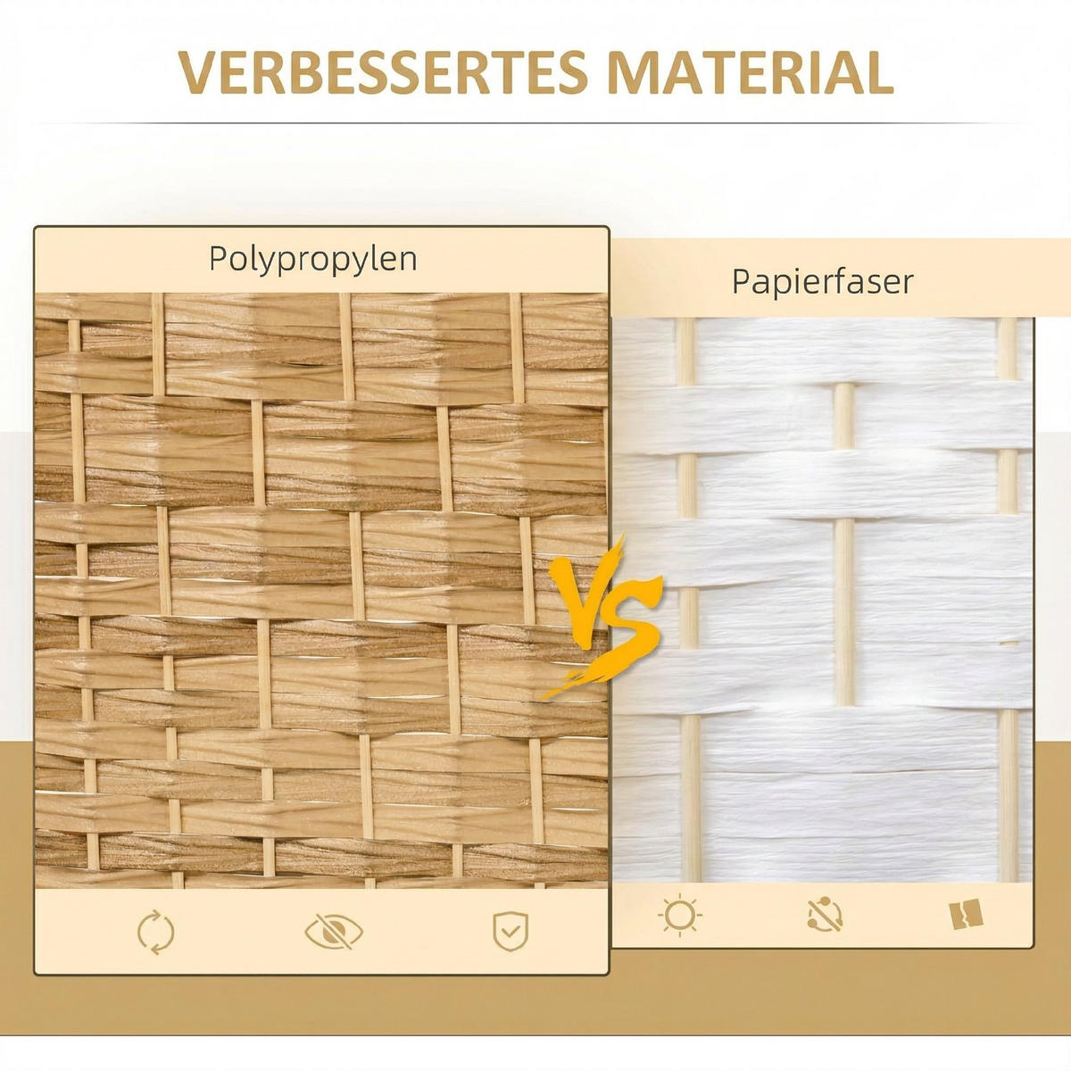 PARAVENT Polypropylen, Kiefernholz Naturholz - Naturfarben, Holz (1.7/180cm) - HOMCOM
