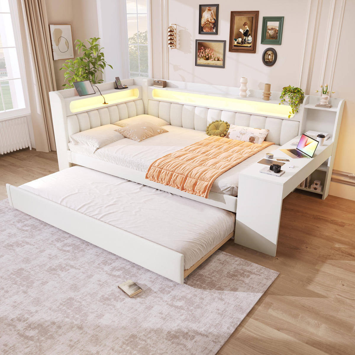 POLSTERBETT aus MDF 140x200 cm Weiß mit LED-Beleuchtung, USB-Anschluss, Ausziehbett und Schreibtisch - Weiß, Holzwerkstoff (140/200cm) - Modfu