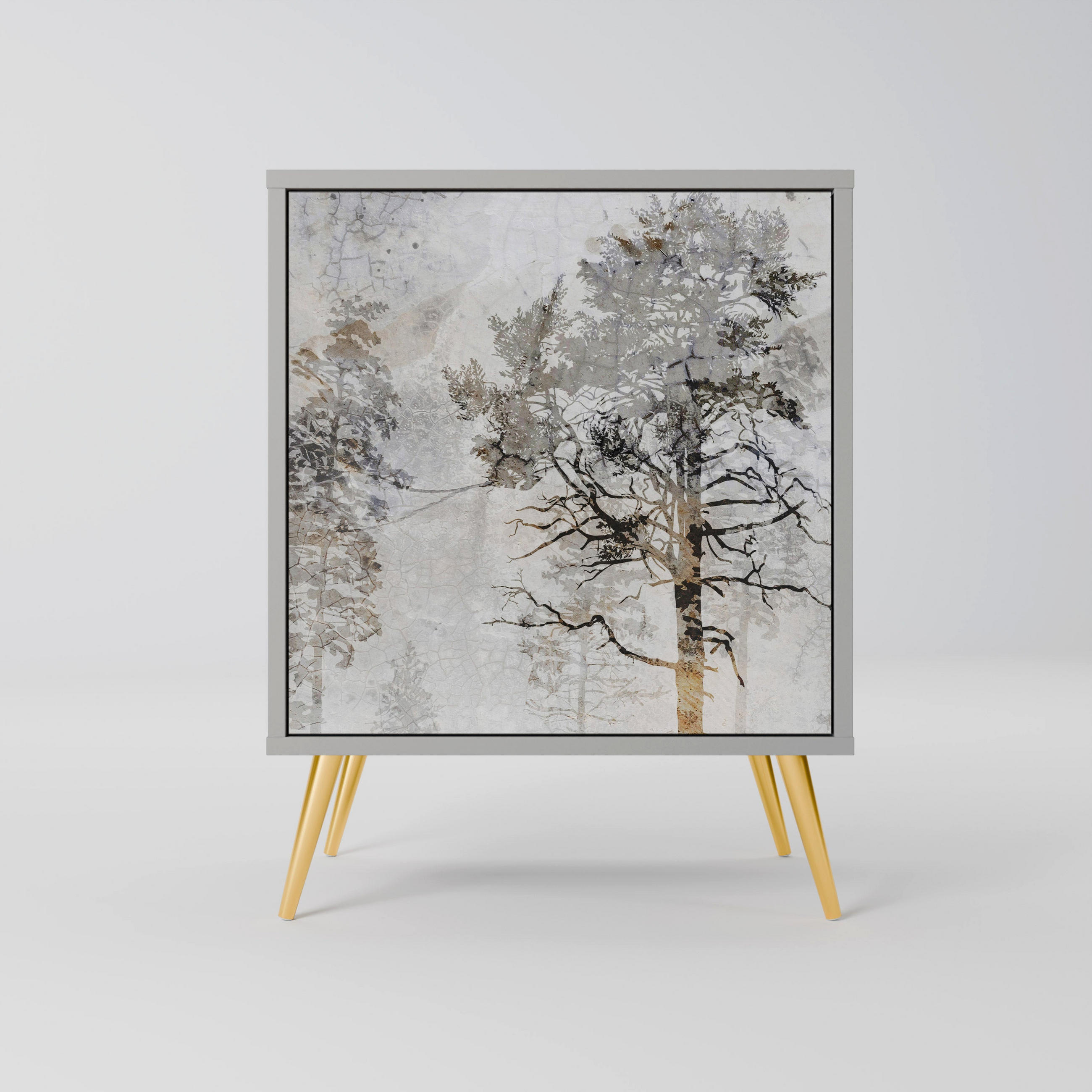 SIDEBOARD FADE IN THE TREES, Grau, 57,5x42x75,5 cm, Goldfarbene Metallfüße - Goldfarben/Multicolor, Holzwerkstoff/Metall (57.5/75.5/42cm) - SpaceRebels