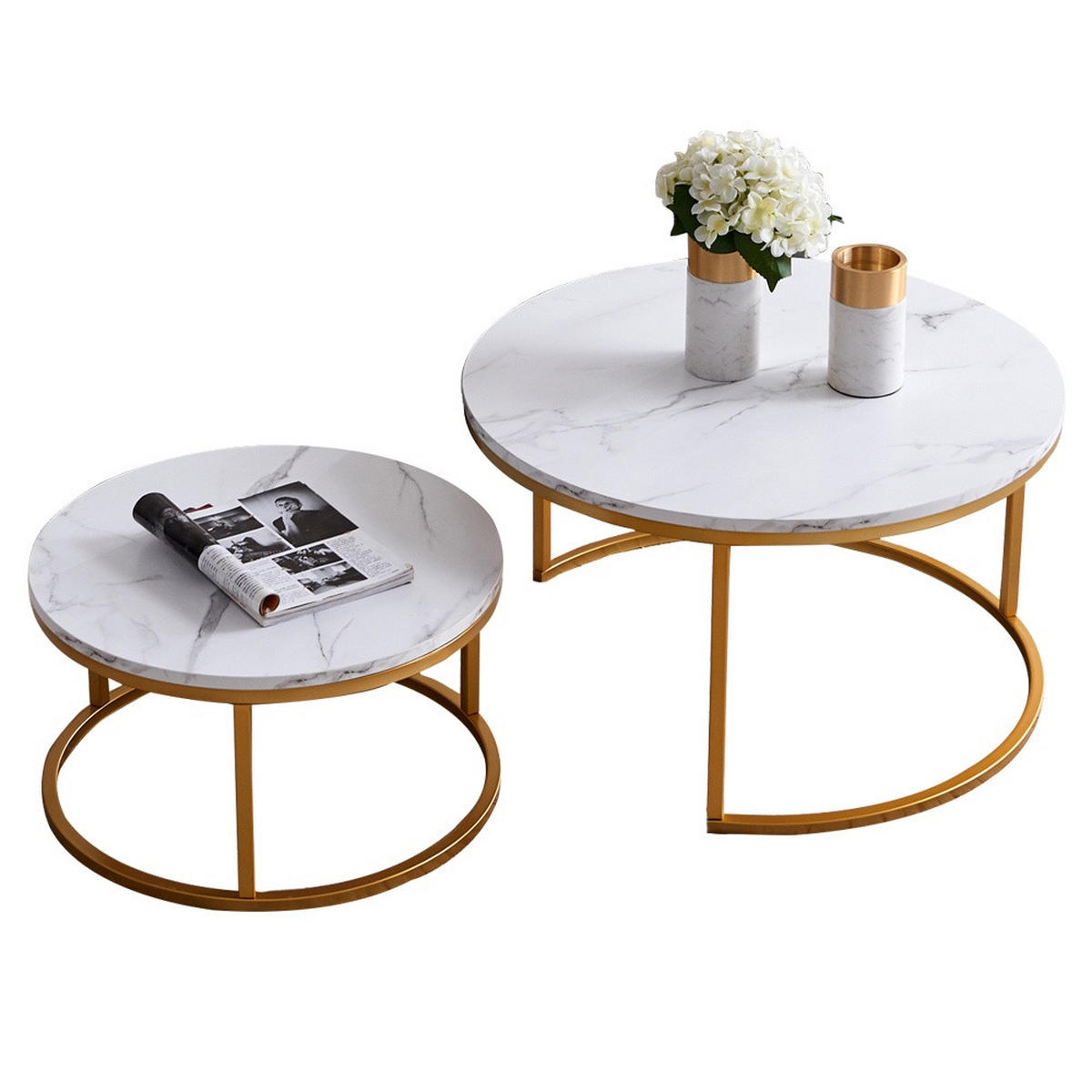COUCHTISCH 2er-Set - Runder Beistelltisch in Marmoroptik Weiß mit Metallgestell - Gold - Goldfarben, Holzwerkstoff (80/80/45cm) - DELFA