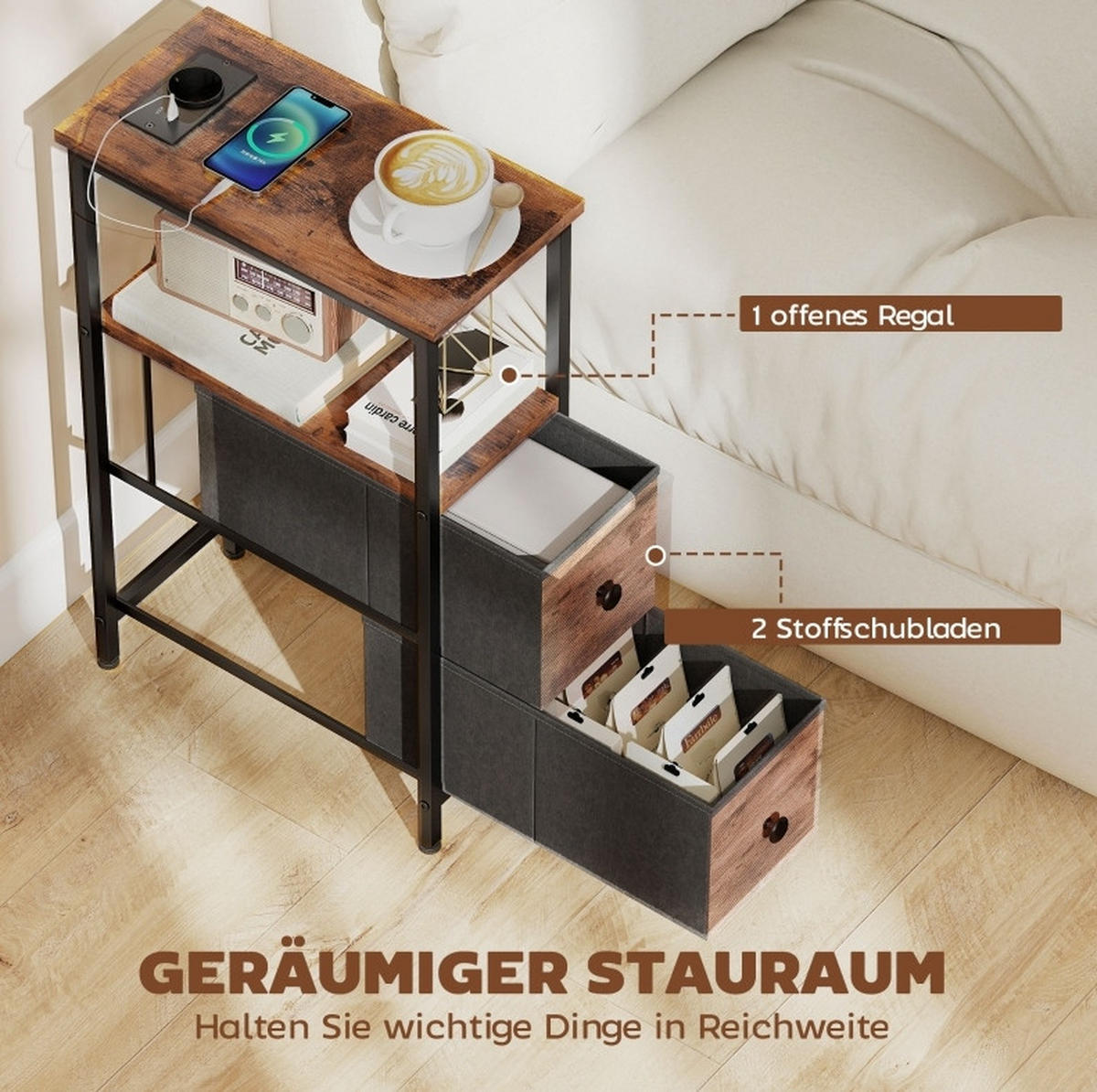 BEISTELLTISCH mit Ladestation 20 x 40 x 63 cm Holzoptik Rustic Brown - Braun, Holz (40/20/63cm) - Meubliv