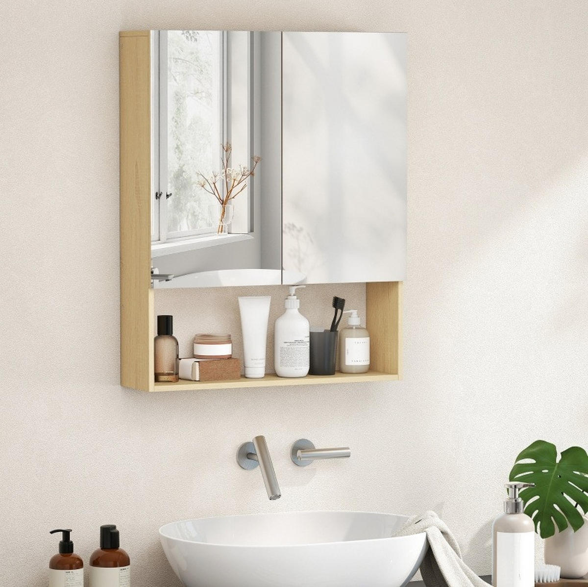 BADEZIMMER Hängeschrank 60x16.6x75 cm Eiche mit Doppelspiegel & verstellbarem Regal - Eichefarben, Glas (60/75/16.6cm) - Modfu