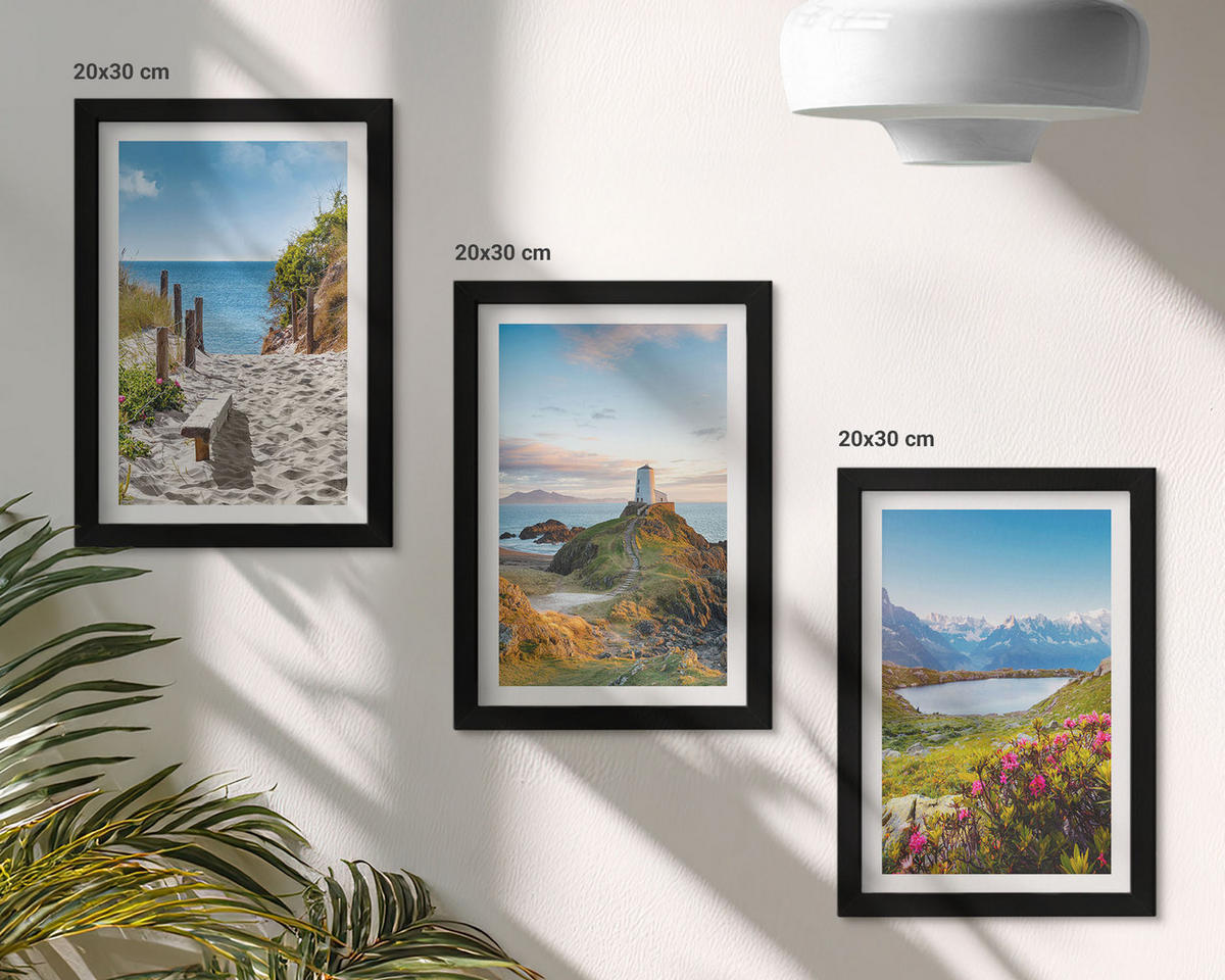 WANDBILDER 3er-Set - 20x30 cm Schwarzer Rahmen - Strand, Leuchtturm, Berge, Blumen - Schwarz, Kunststoff (20/30cm) - ArtPrintCave