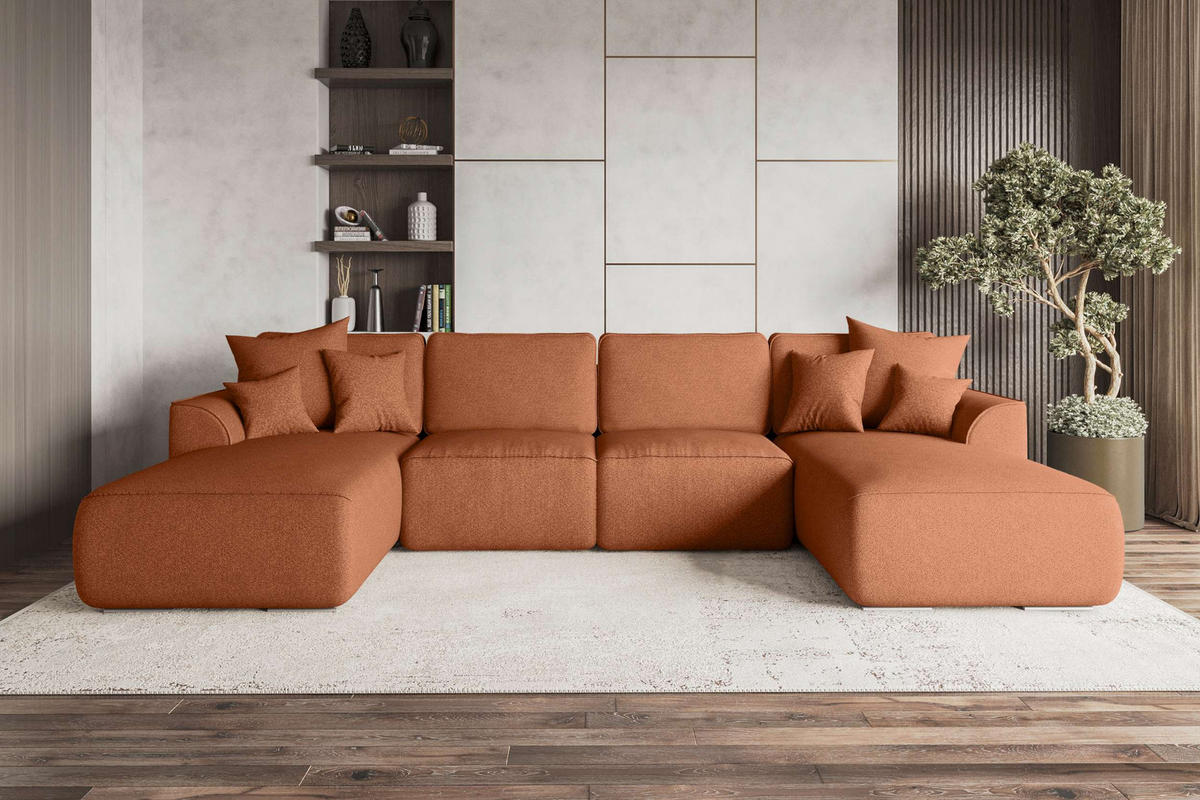 WOHNLANDSCHAFT GUSTO Strukturstoff Rostfarben inkl. Schlaffunktion - Chromfarben/Rostfarben, Kunststoff/Textil (306/96/194cm) - 99rooms