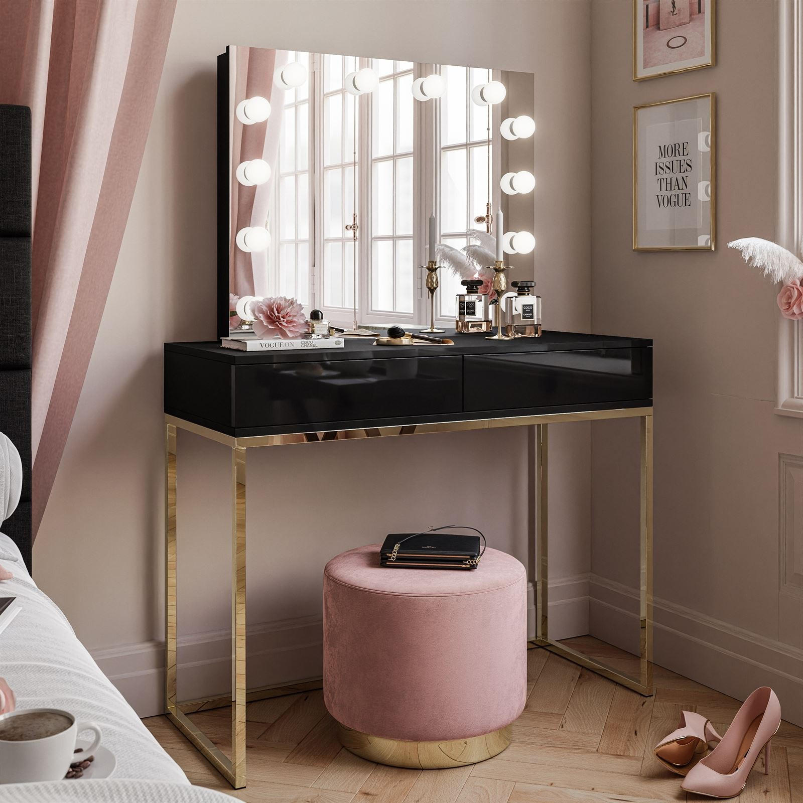 SCHMINKTISCH BLANCO ELITE mit Spiegel und Beleuchtung Gold Chrom Schwarz Hochglanz PUSH OPEN - Schwarz Hochglanz, Holzwerkstoff (100/146/42cm) - Lookway