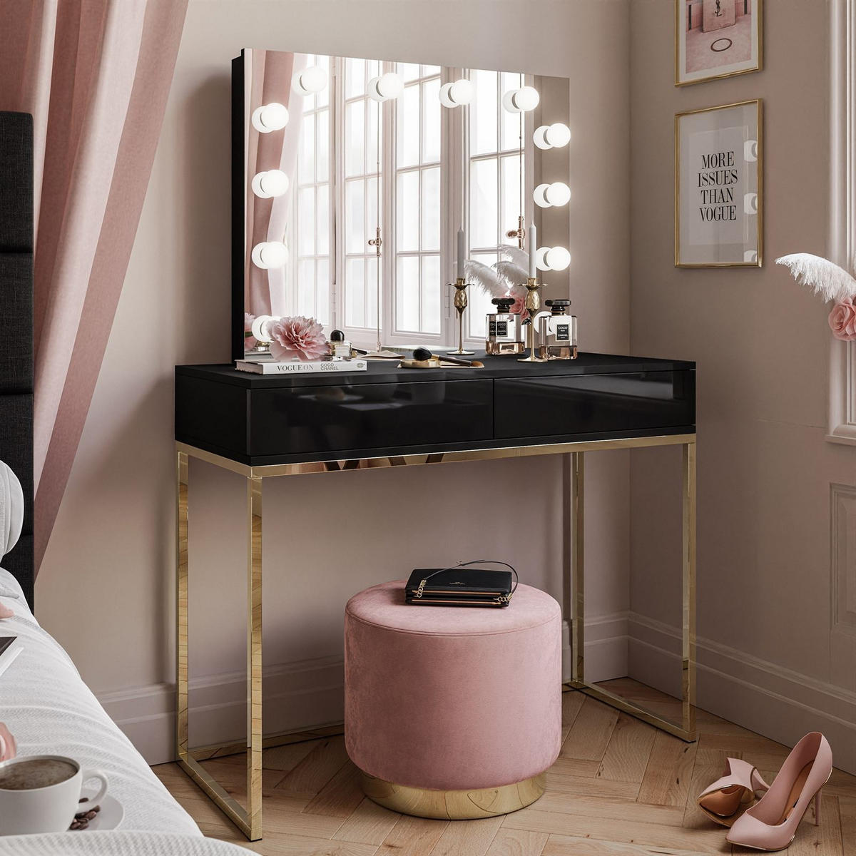 SCHMINKTISCH BLANCO ELITE mit Spiegel und Beleuchtung Gold Chrom Schwarz Hochglanz PUSH OPEN - Schwarz Hochglanz, Holzwerkstoff (100/146/42cm) - Lookway