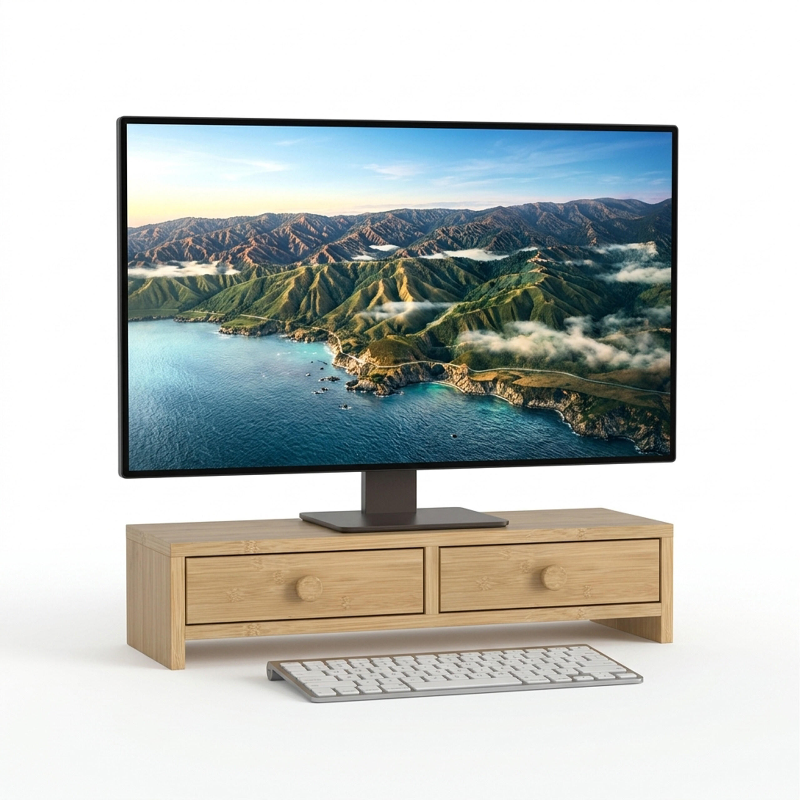 MONITORSTÄNDER Braun Holzoptik MDF 2 Schubladen - Hellbraun, Holzwerkstoff (18/47/12.5cm) - Relaxdays