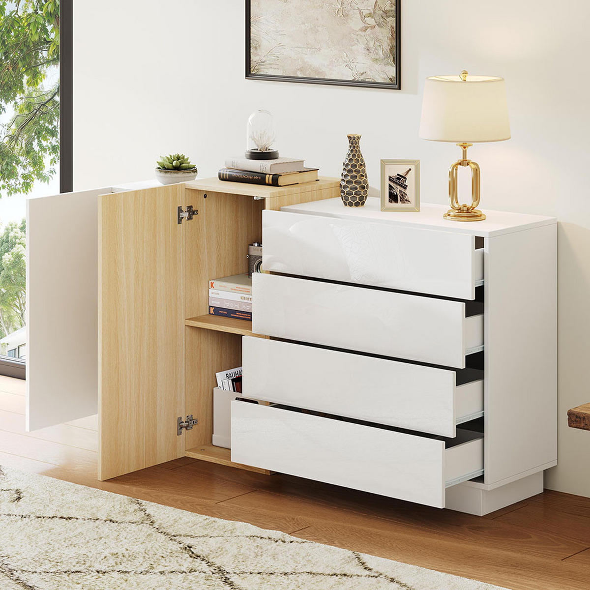 SIDEBOARD in Weißes Hochglanz, Minimalistischer - Weiß, Holz (37.5/87/150cm) - KOMHTOM