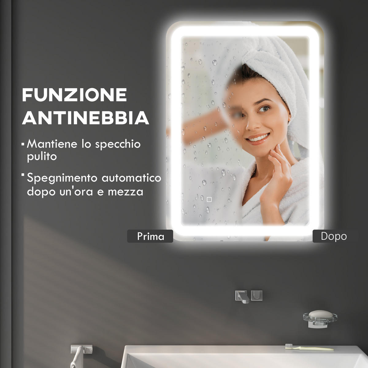 BADSPIEGEL mit Touch-Schalter, 3-farbiger LED-Beleuchtung, 70 x 50 cm - Silberfarben, Glas (70/50/4cm) - Vallsero