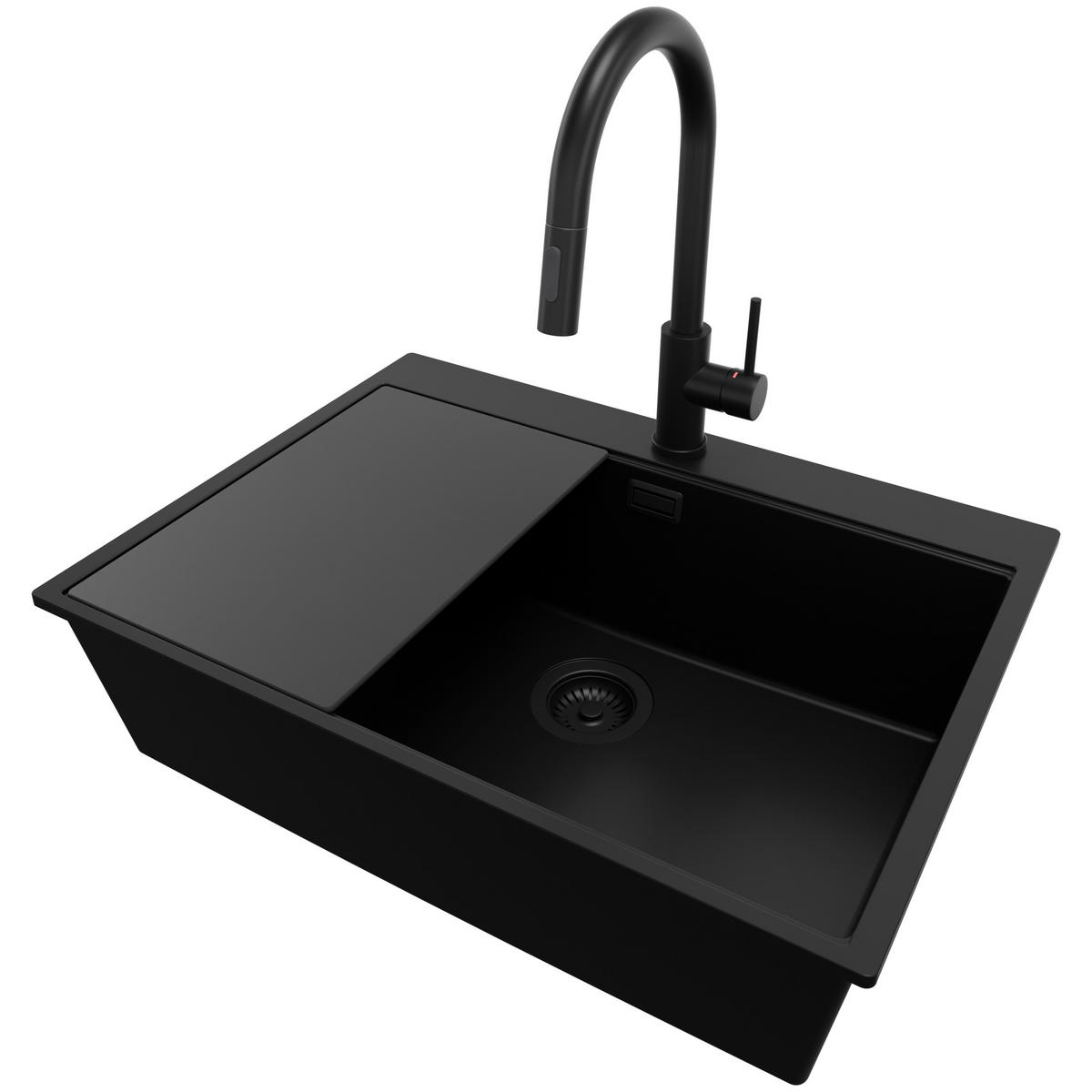 GRANITSPÜLE Oslo, 2-er set Alles Schwarz 68/50 cm 1 Becken + Küchenarmatur 40/20 cm + Ablauf-Set + Schneidebrett ab 70er Unterschrank - Schwarz, Kunststoff (68/20/50cm) - Primagran