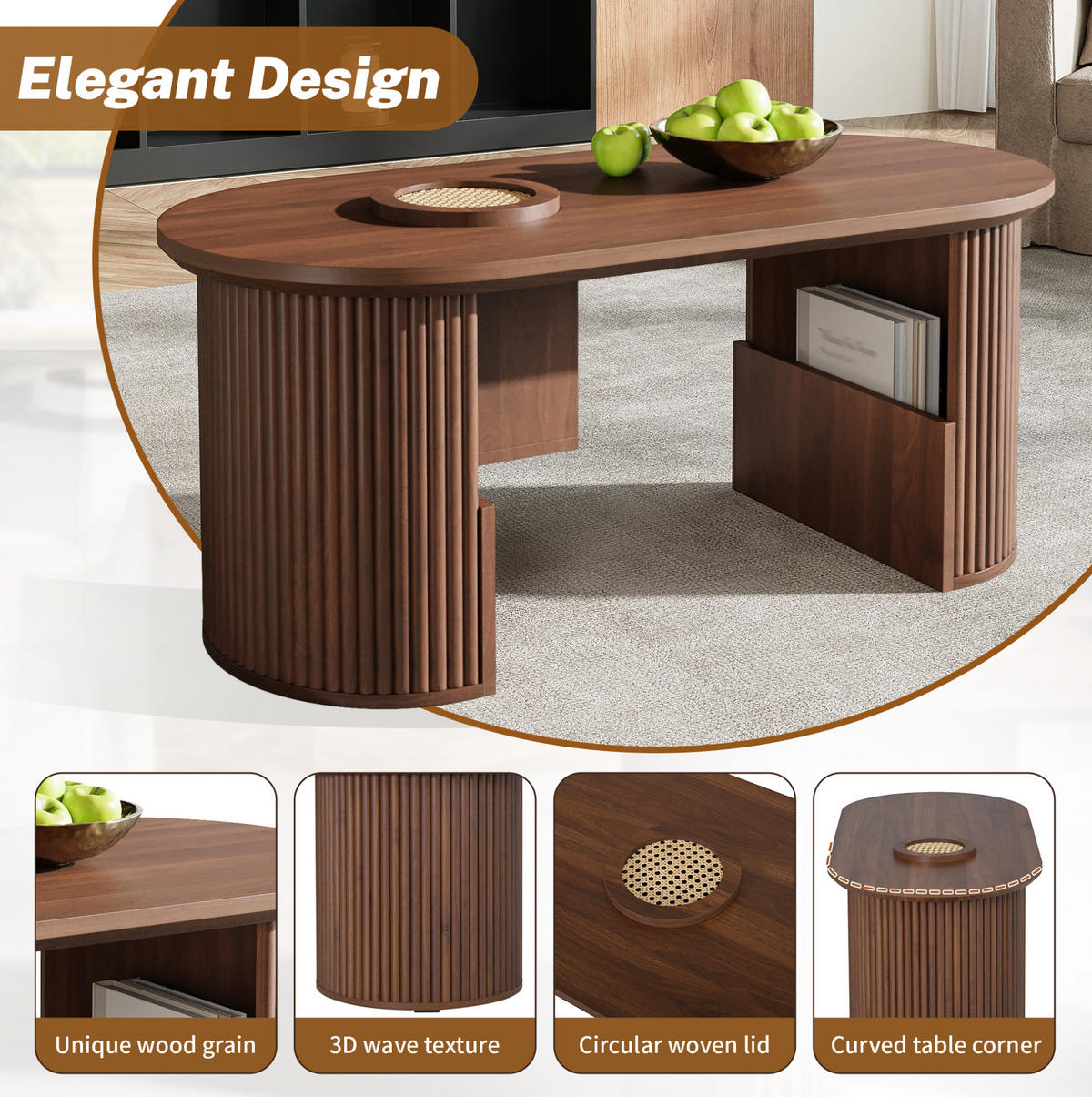 OVÁLNÝ konferenční stolek 105/50/46,5 cm ořechový z MDF s úložným prostorem a zaoblenými hranami - ořechová, kompozitní dřevo (105/50/46.5cm) - OKWISH