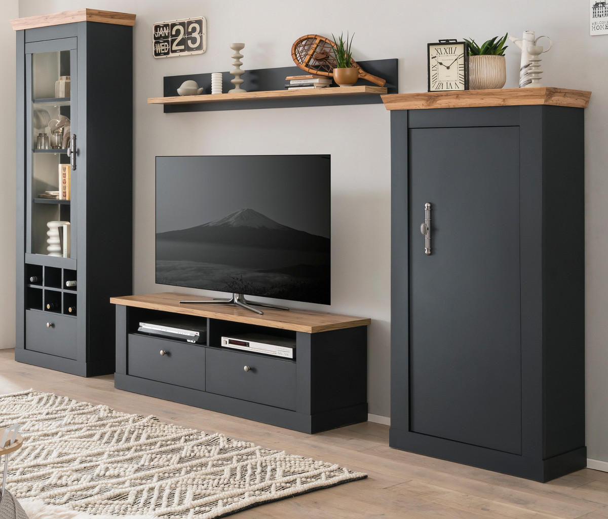 WOHNWAND 4-teilig grau, Eiche Wotan, Landhaus 299 x 201 cm, Wohnkombination mit Soft-Close - Silberfarben/Eiche Wotan, Glas/Holzwerkstoff (299/201/45cm) - Furn.Design