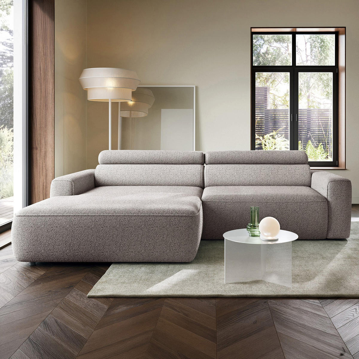 ECKSOFA Fando mit Schlaffunktion, L-Form, 4-Sitzer 252 cm, links Flechtstoff Greige - Taupe/Schwarz, Holz/Kunststoff (252/182cm) - Selsey