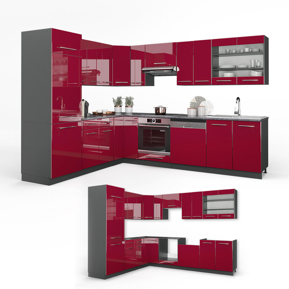 ECKKÜCHE Fame-Line Bordeaux Hochglanz/Anthrazit 227 x 60 cm ohne AP - Bordeaux/Anthrazit, Holzwerkstoff (287/81.6/46cm) - Vicco