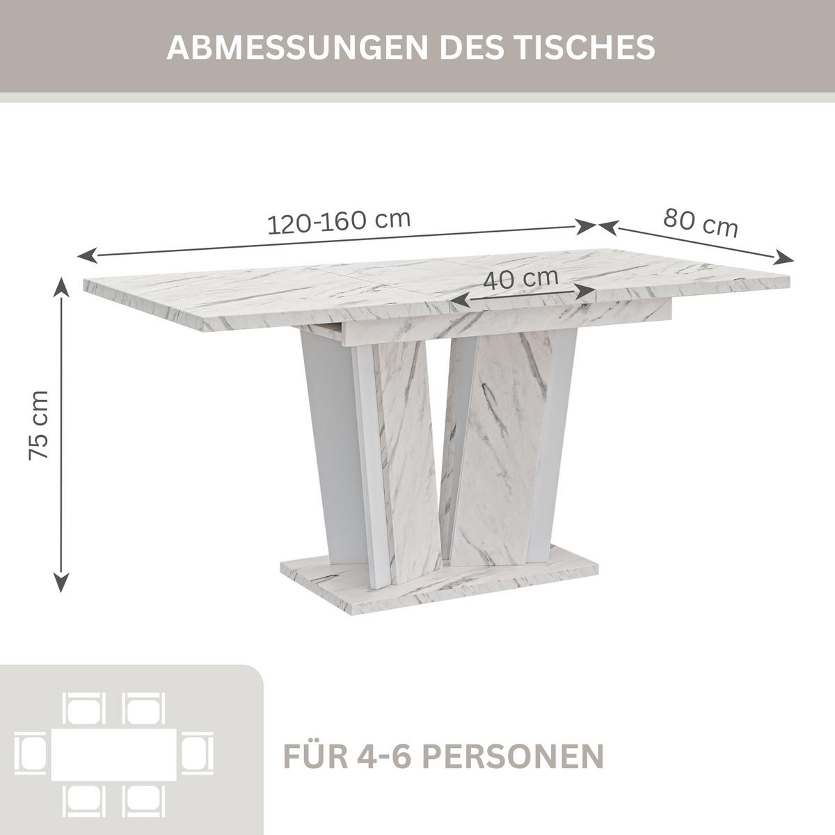 ESSTISCH Ausziehbar 120 - 160 cm Weiß Marmoroptik - Weiß, Holzwerkstoff (120/80/75cm) - PROSPERO
