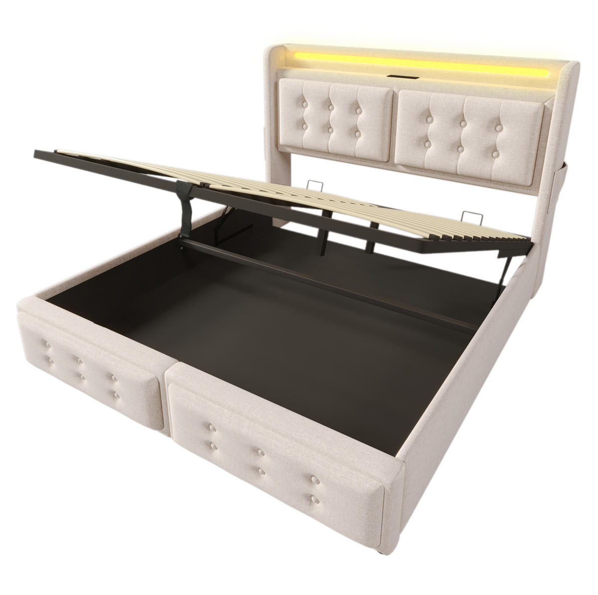 POLSTERBETT 160/200 cm mit LED-Beleuchtung, Bettkasten und USB-C in Beige - Beige, Textil (160/200cm) - BEAOK