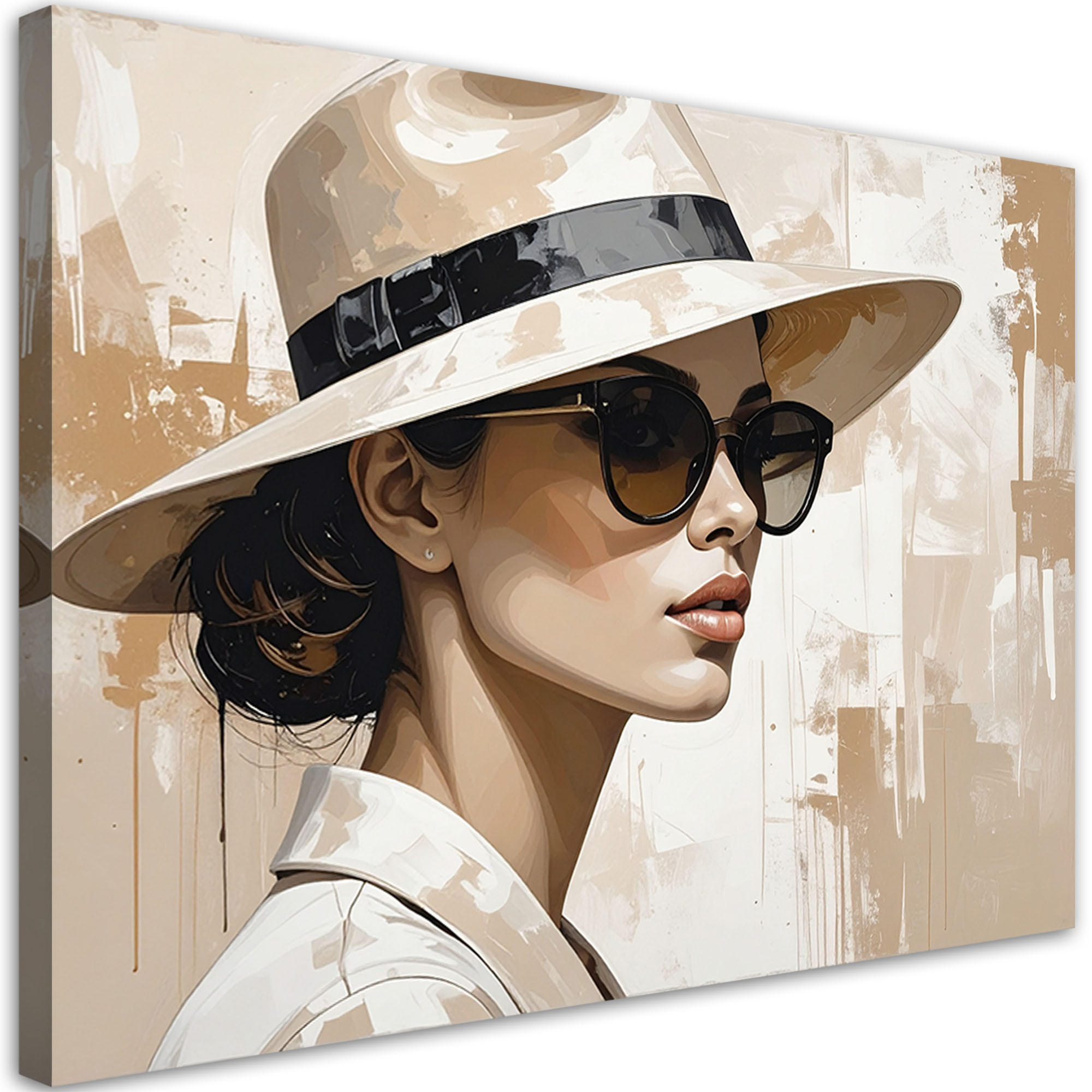 BILD auf Leinwand, Stilvolle Frau mit Hut und Sonnenbrille - Beige, Textil (100/70cm) - Feeby