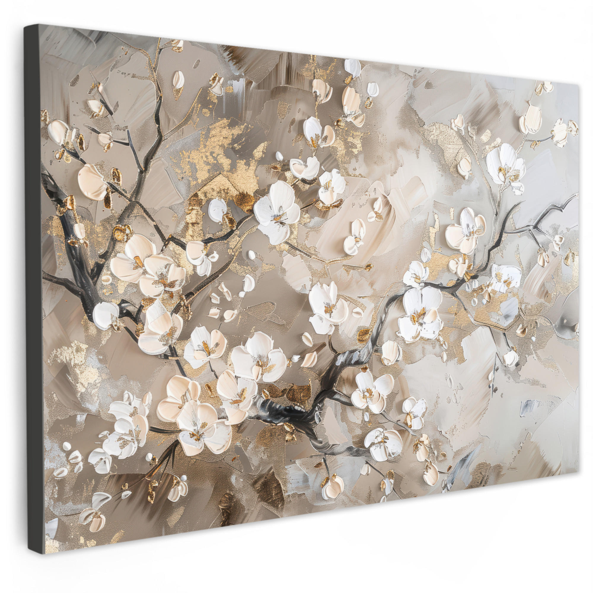 MuchoWow OBRAZ NA PLÁTNĚ Květiny - Bílá - Zlatá - Béžová - Luxusní 120x80 cm