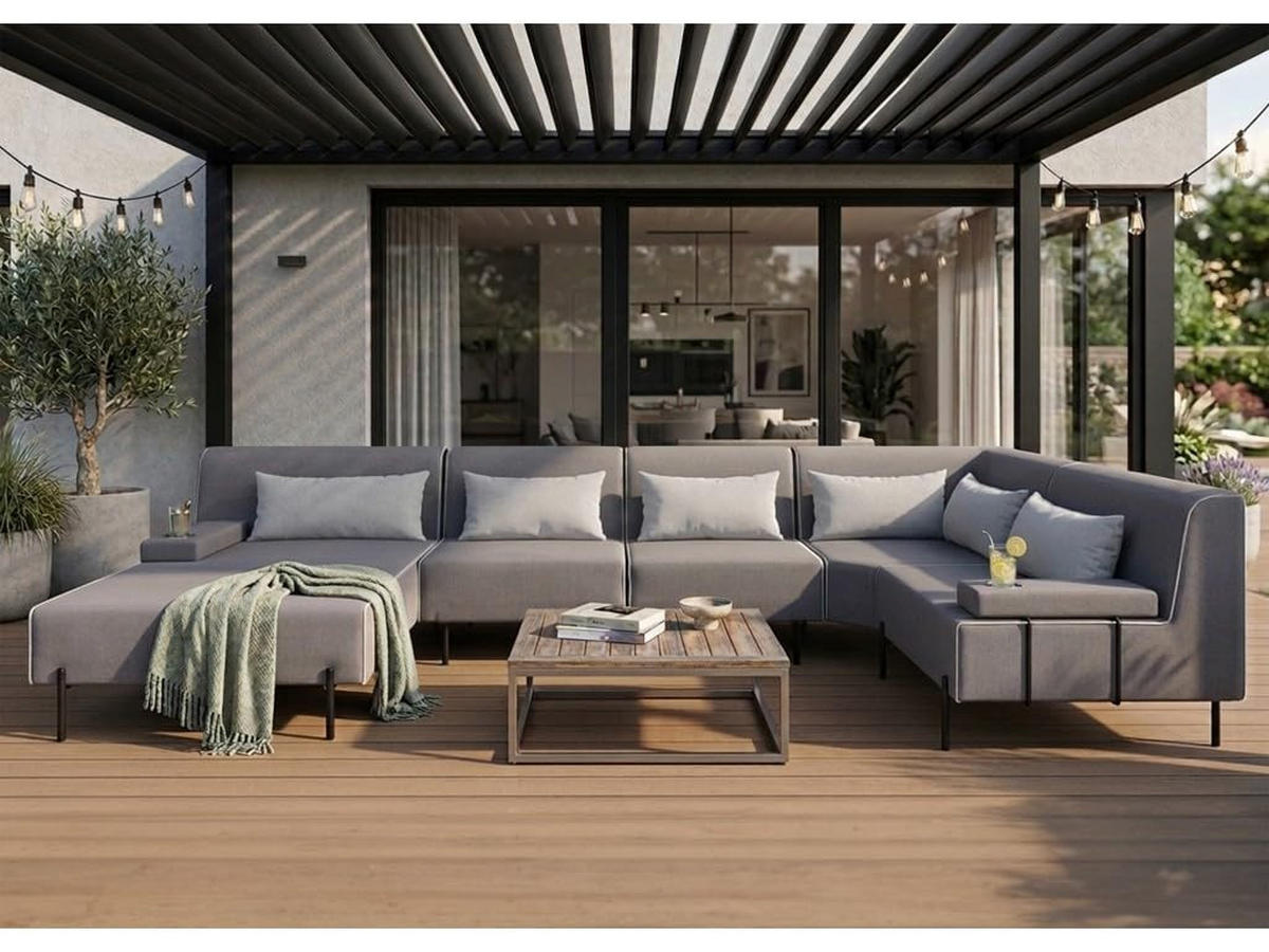 GARTENSOFA BORNEO XL Wetterfest 370x222x86 cm, Rechts, Solide Konstruktion, HR-Schaumfüllung, Wetterfeste Bezugstoff, Grau - Grau, Holz/Metall (370/86/222cm) - Trada