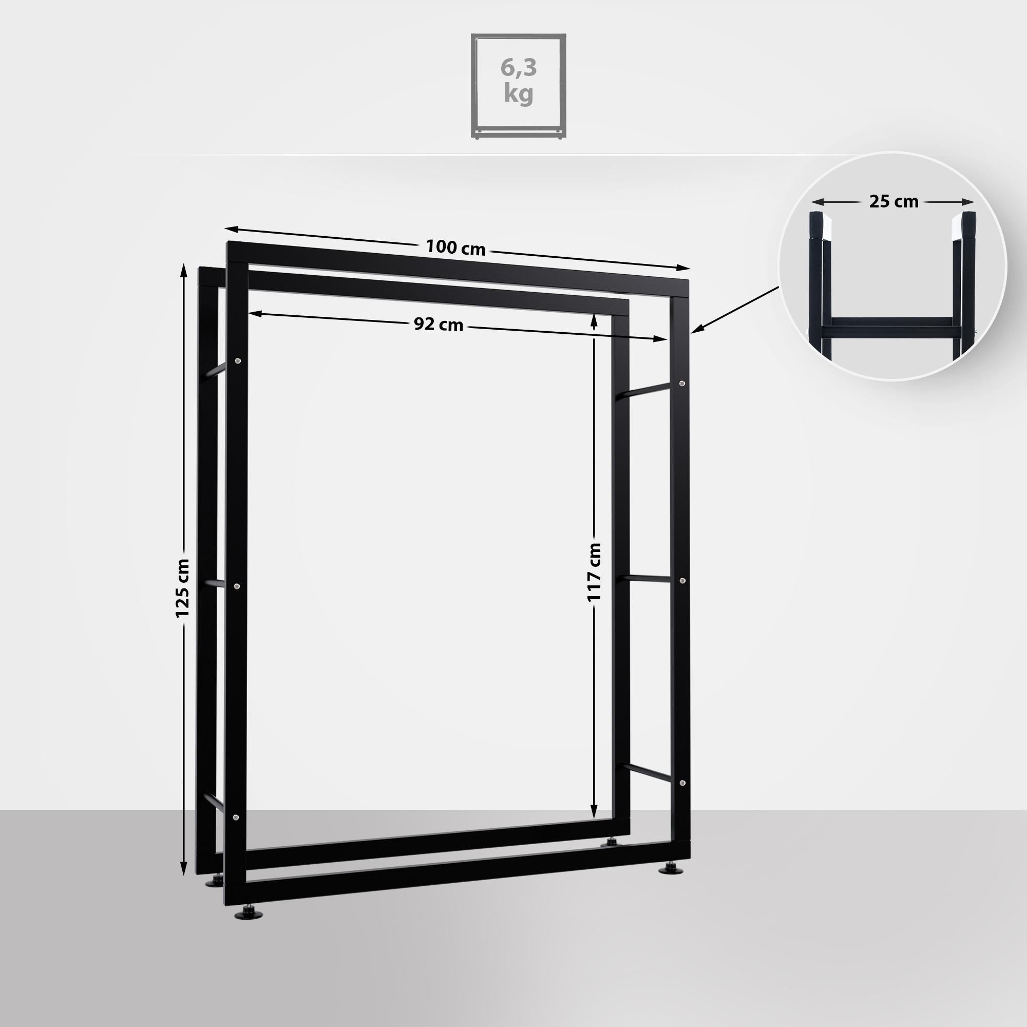 KAMINHOLZREGAL 100/25/125 cm Metall schwarz - Schwarz, Metall (100/125/25cm) - CLP