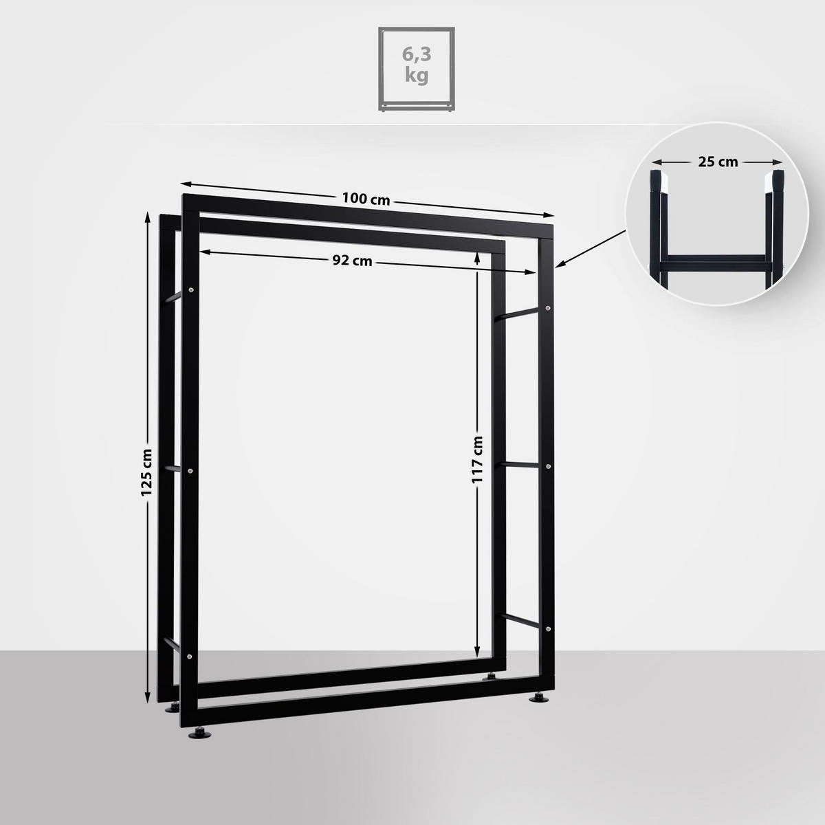 KAMINHOLZREGAL 100/25/125 cm Metall schwarz - Schwarz, Metall (100/125/25cm) - CLP