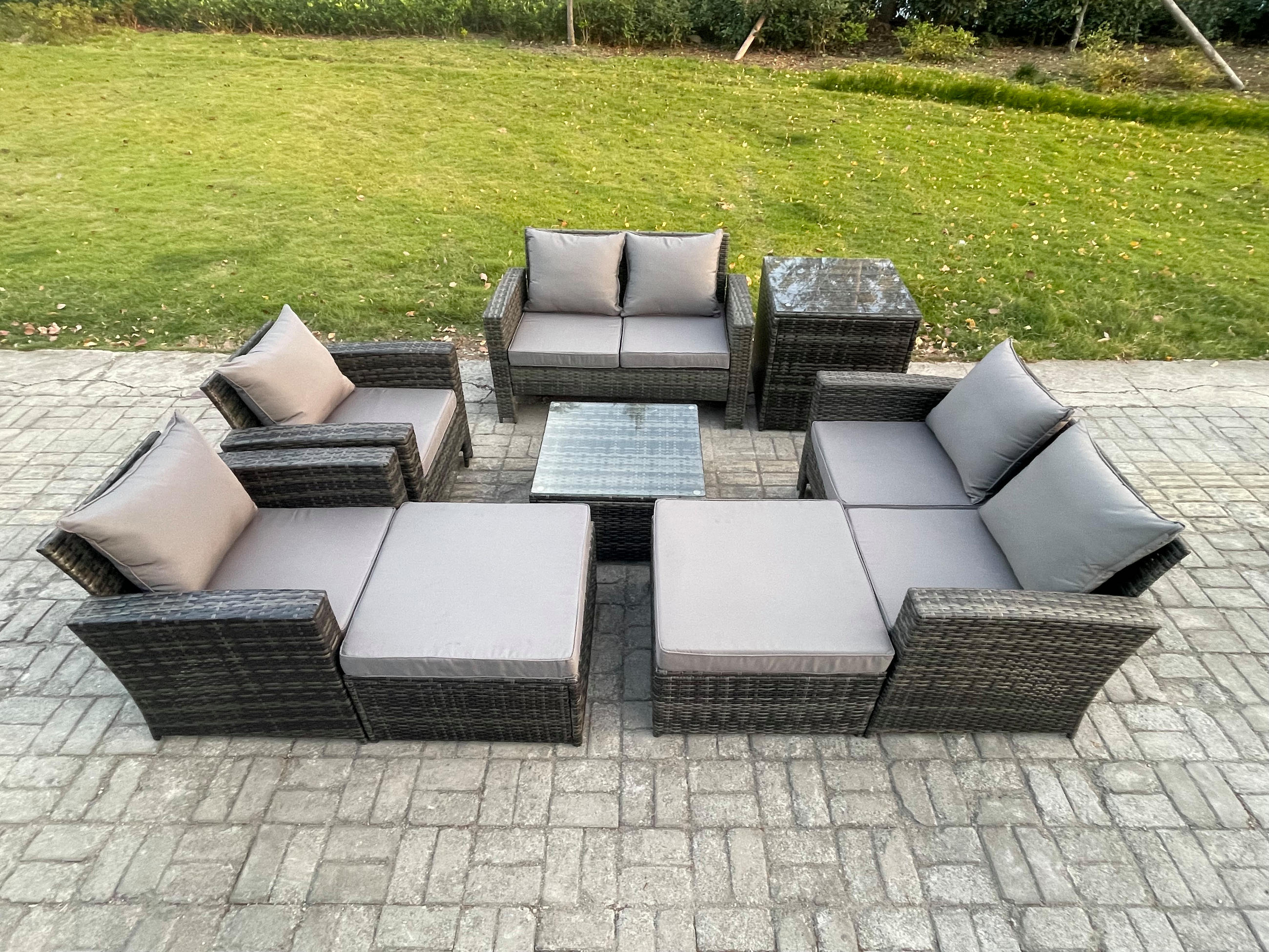 GARTENSOFA SET mit Couchtisch Polyrattan Dunkelgrau 8-Sitzer - Dunkelgrau, Metall - Fimous