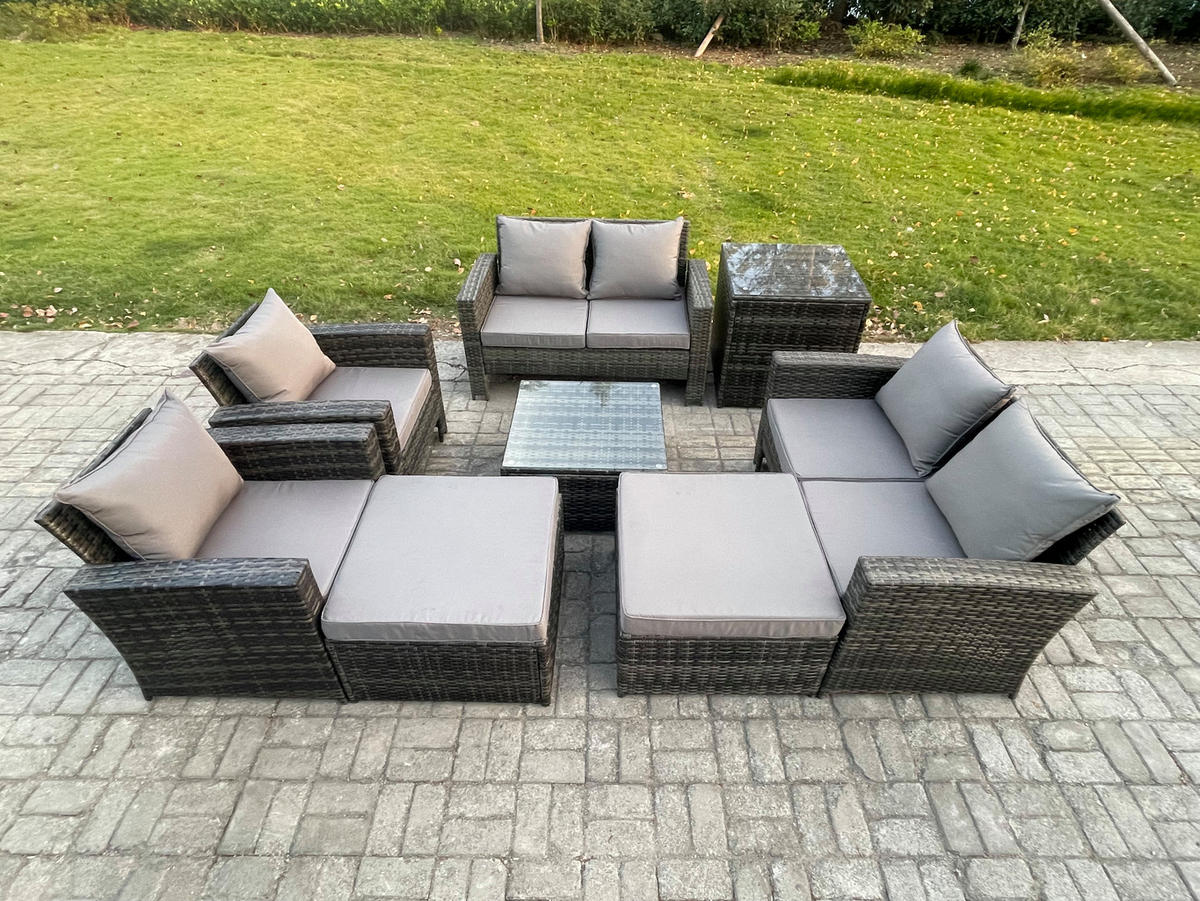 GARTENSOFA SET mit Couchtisch Polyrattan Dunkelgrau 8-Sitzer - Dunkelgrau, Metall - Fimous